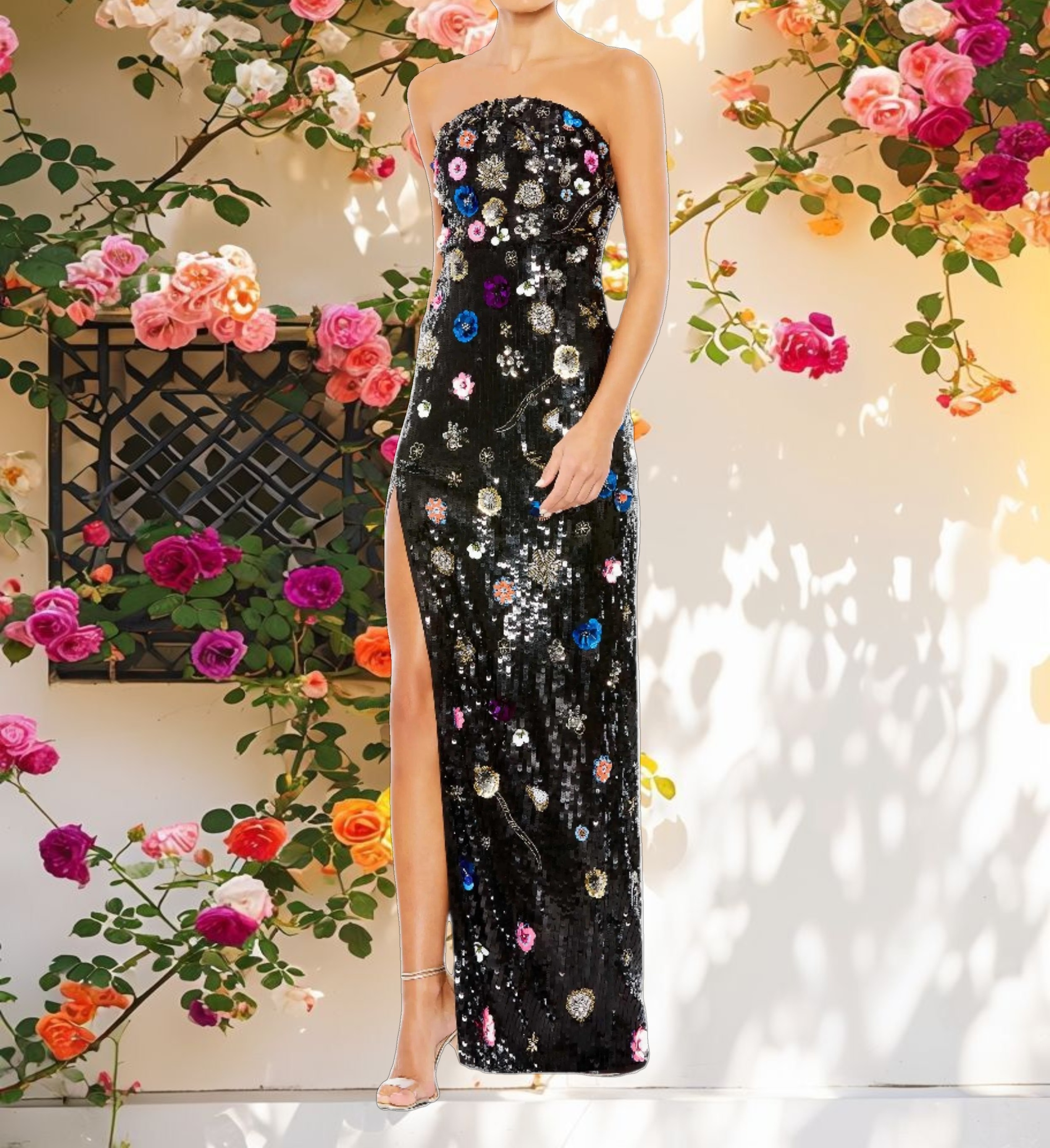 Floral Sequined Strapless Gown