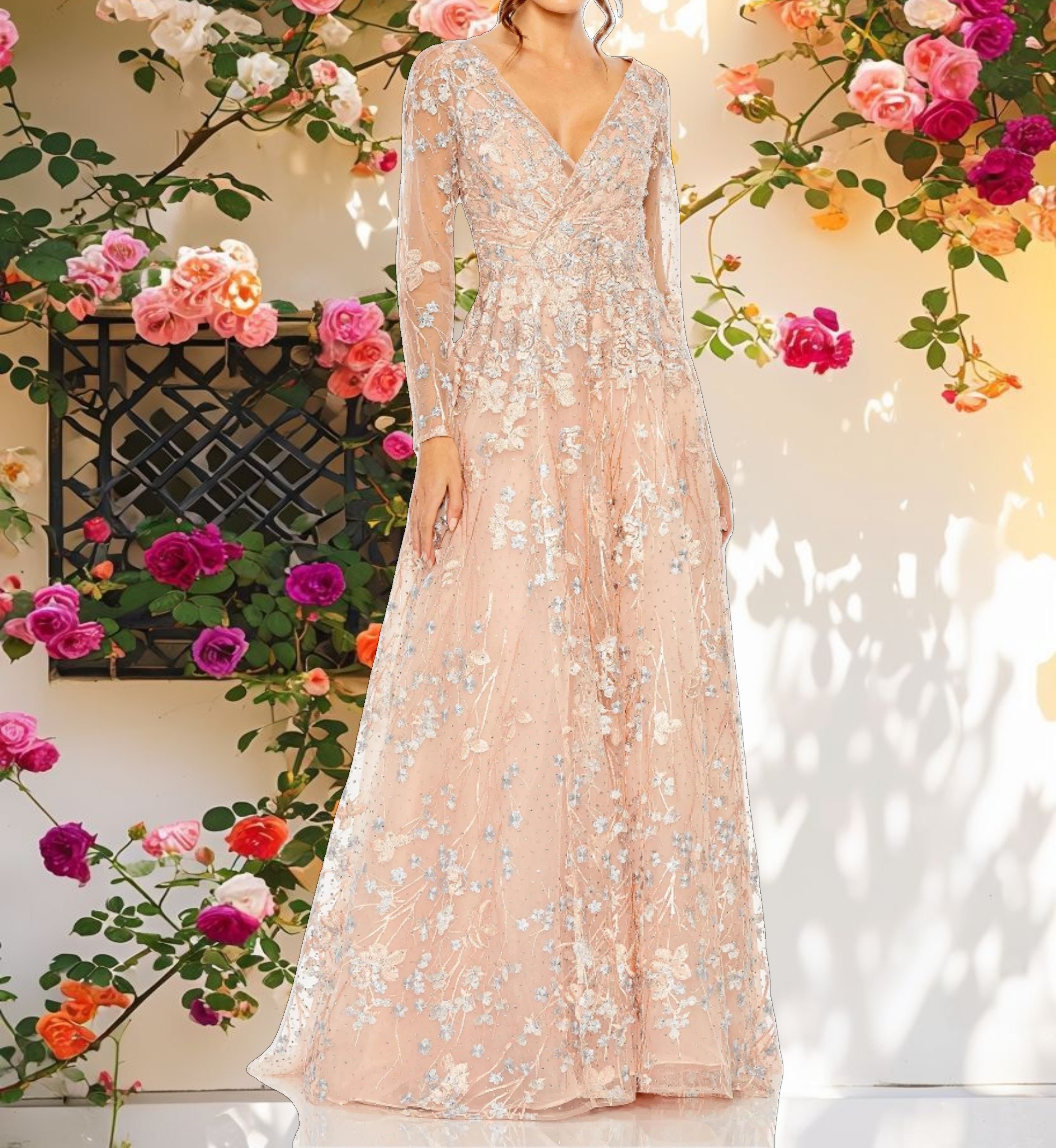 Stitched Fabric Wrap Over Illusion Long Sleeve A Line Gown Red