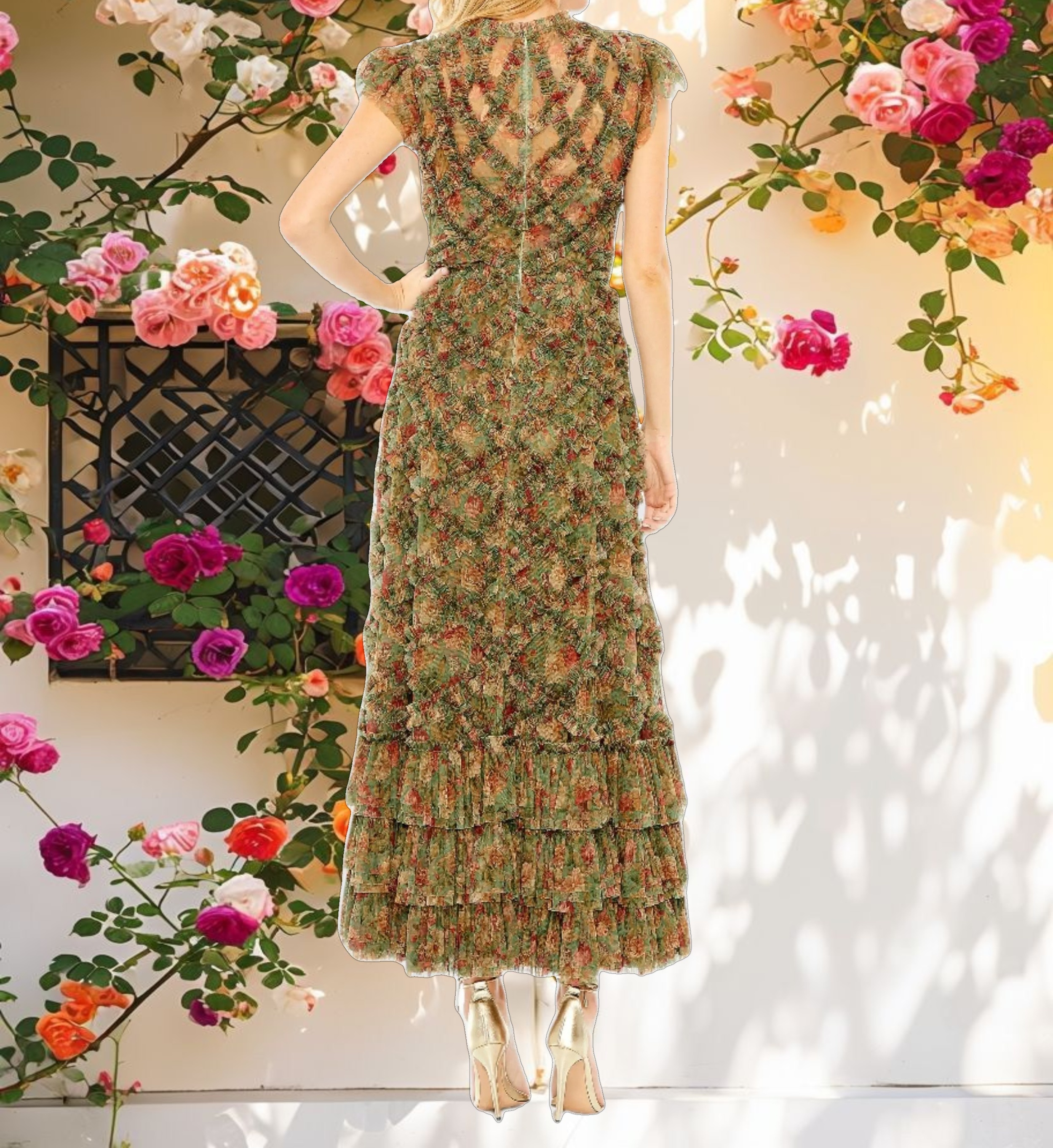 Green High Neck Ruffle Cap Sleeve Floral Dress