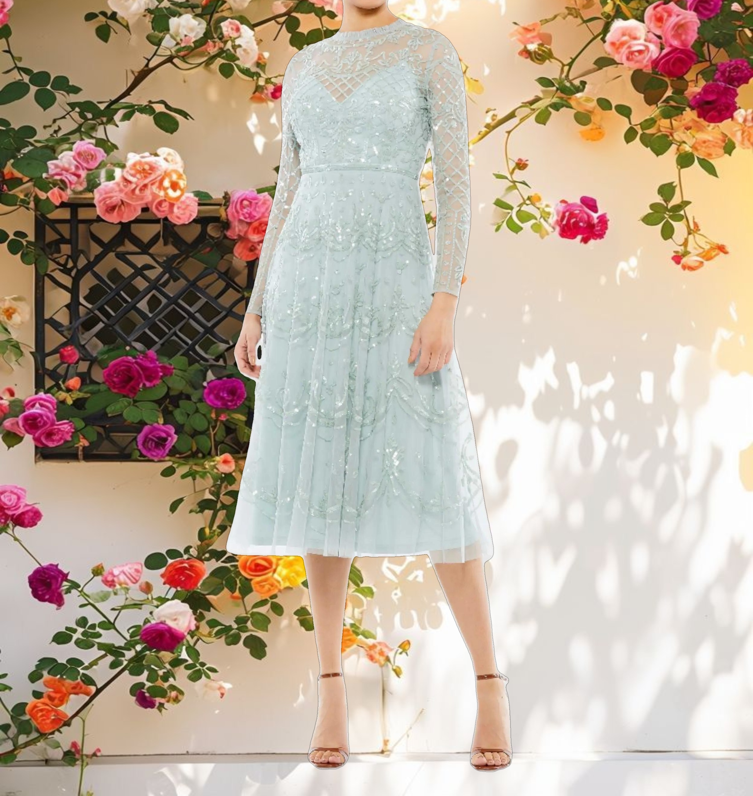 Stitched Sequin High Neck Long Sleeve Midi Dress