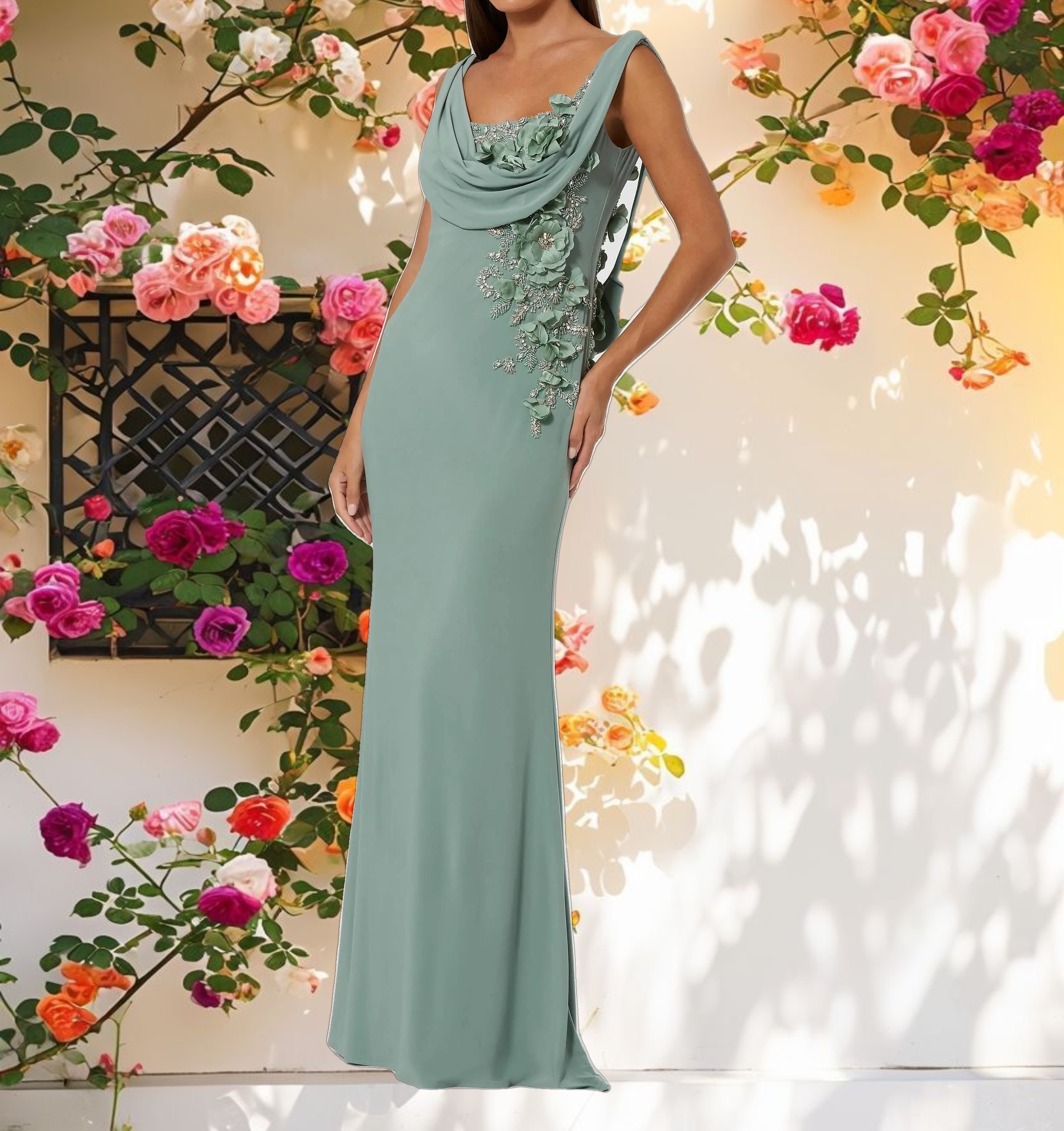 Beaded Cowl Neck Gown