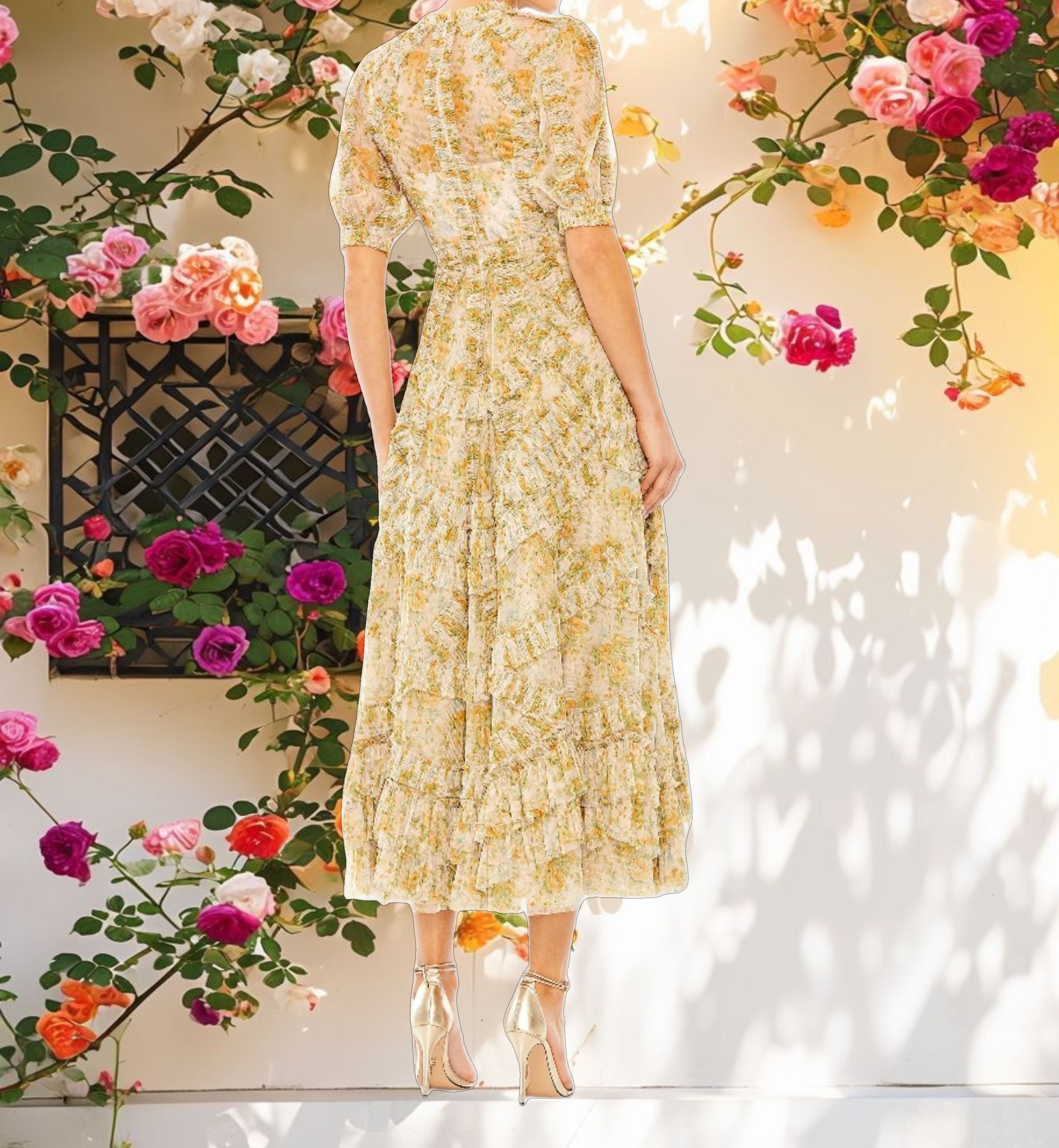 Multi Color Mesh Puff Sleeve Floral Dress