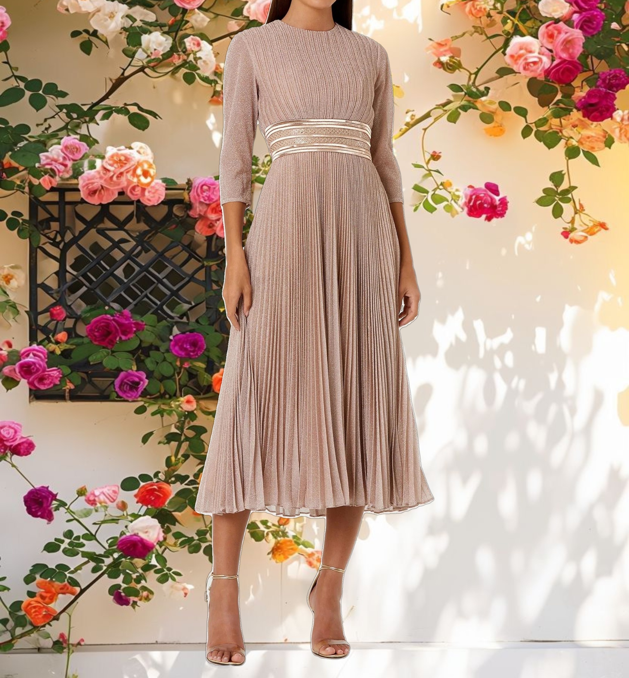 Glossy 3/4 Sleeve A Line Midi Dress