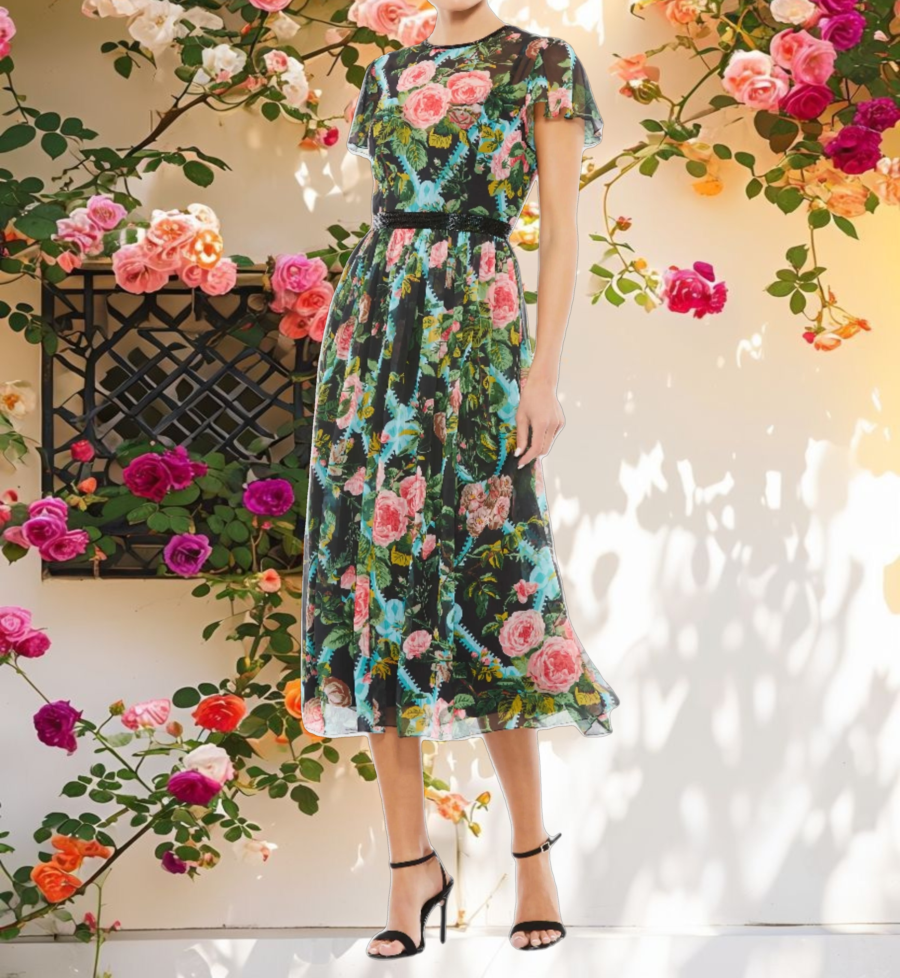 Multicolor Floral Illusion Cap Sleeve Midi Dress