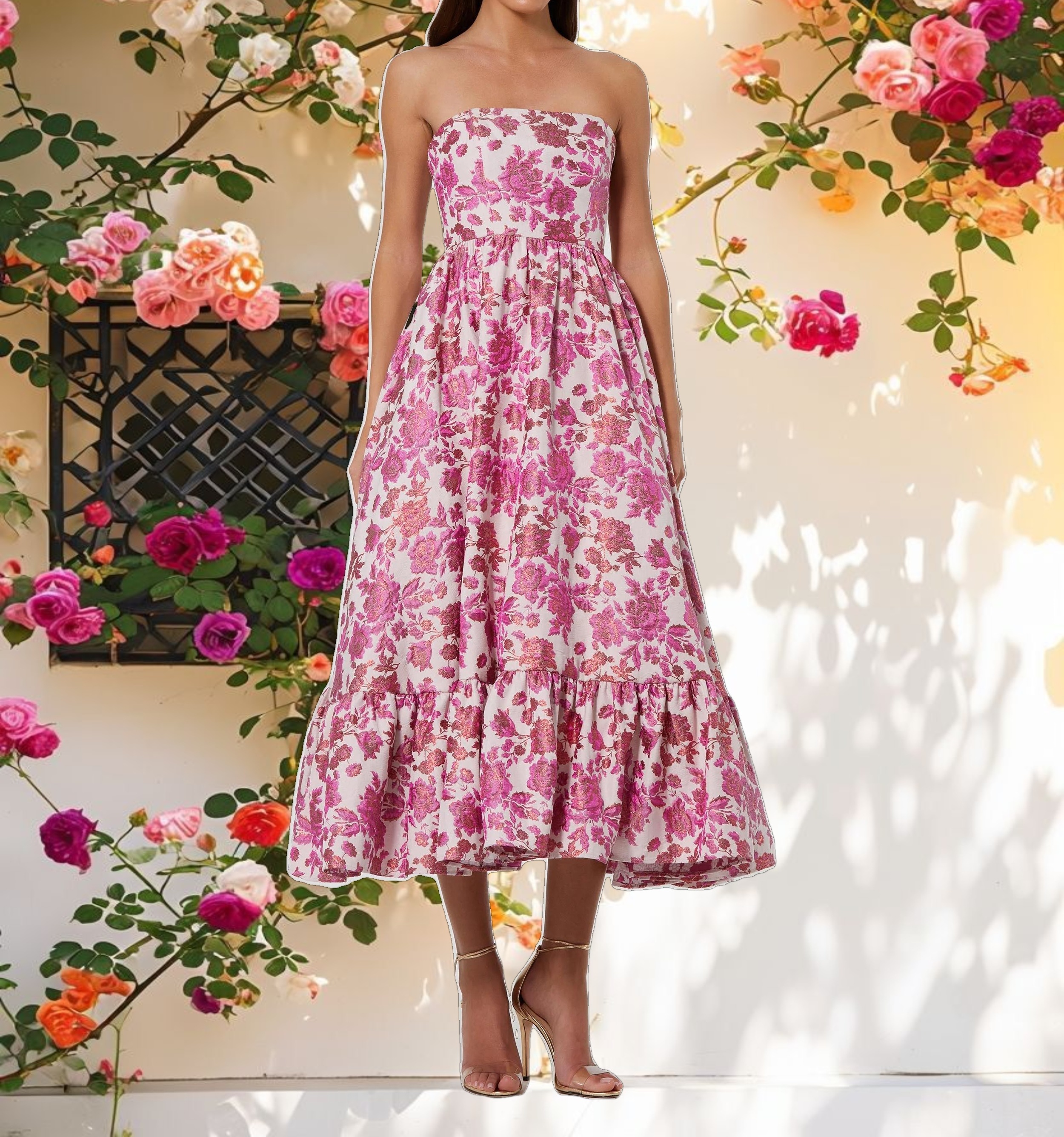 Pink Floral Brocade Strapless A Line Midi Dress