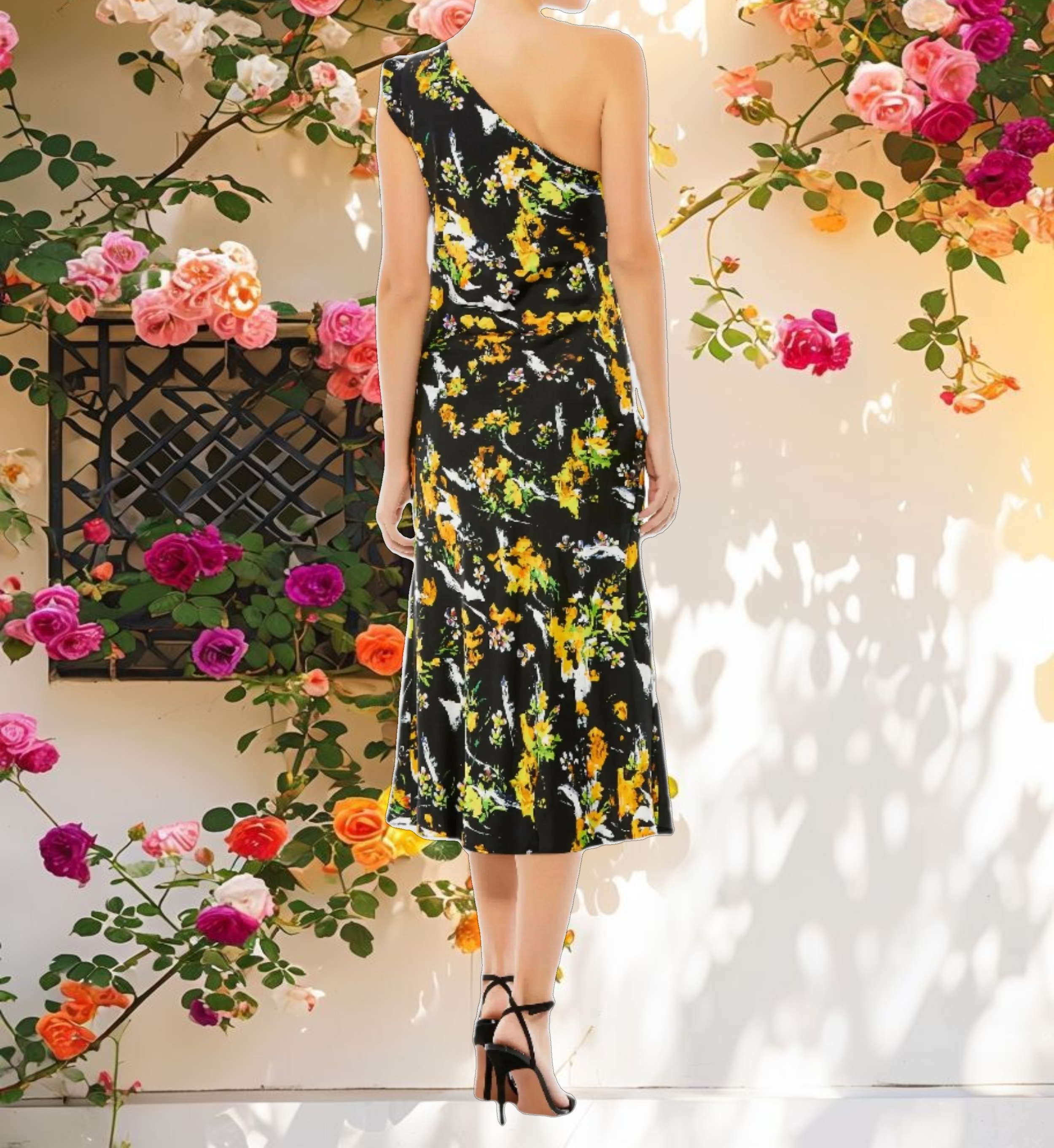 Floral Print Draped One Shoulder Midi Dress