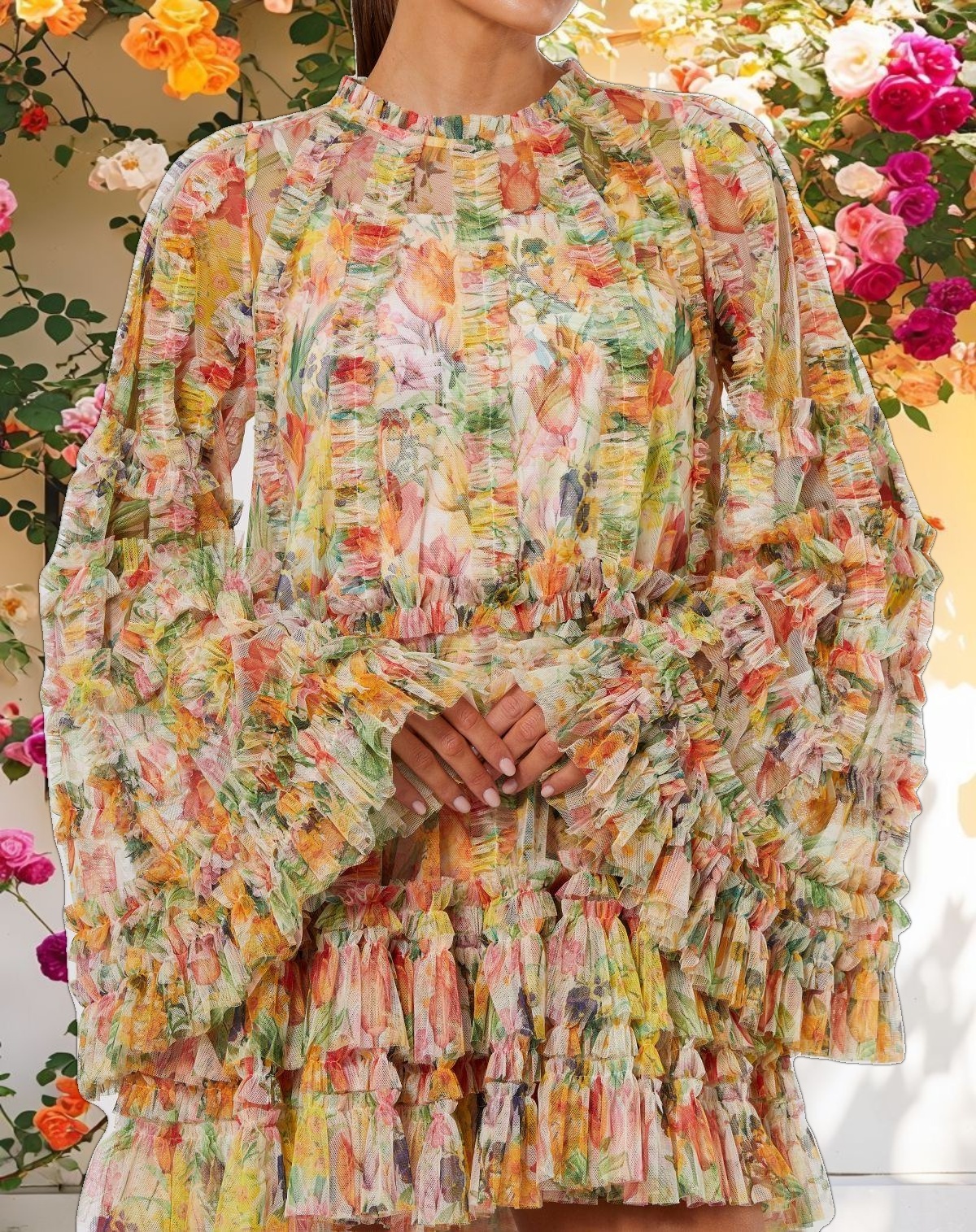 Multicolor Printed Mesh Ruffle High Neck Mini Dress