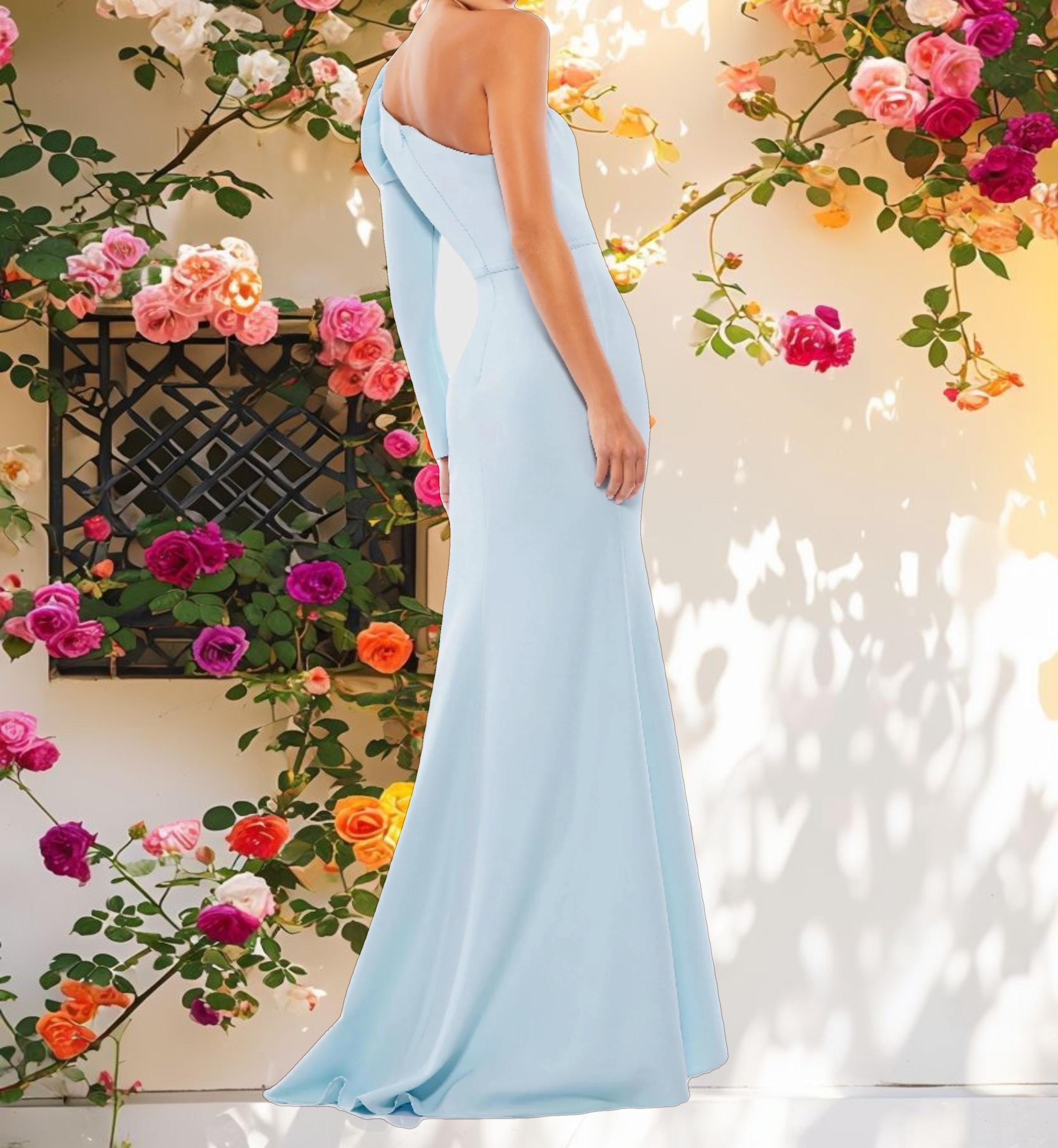 Blue One Shoulder Puff Sleeve Gown