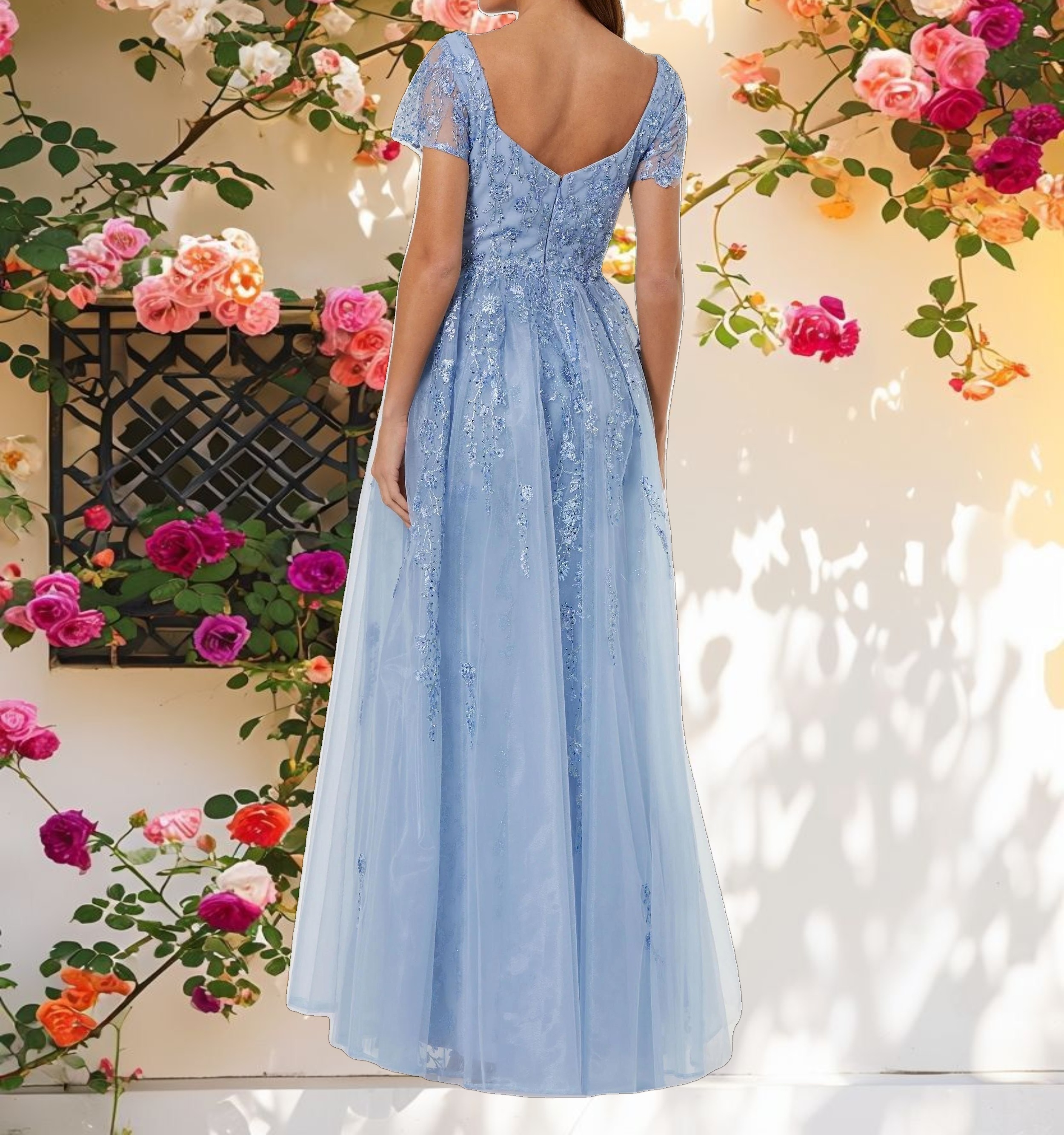 Blue Cap Sleeve Beaded Embroidered Overskirt Gown