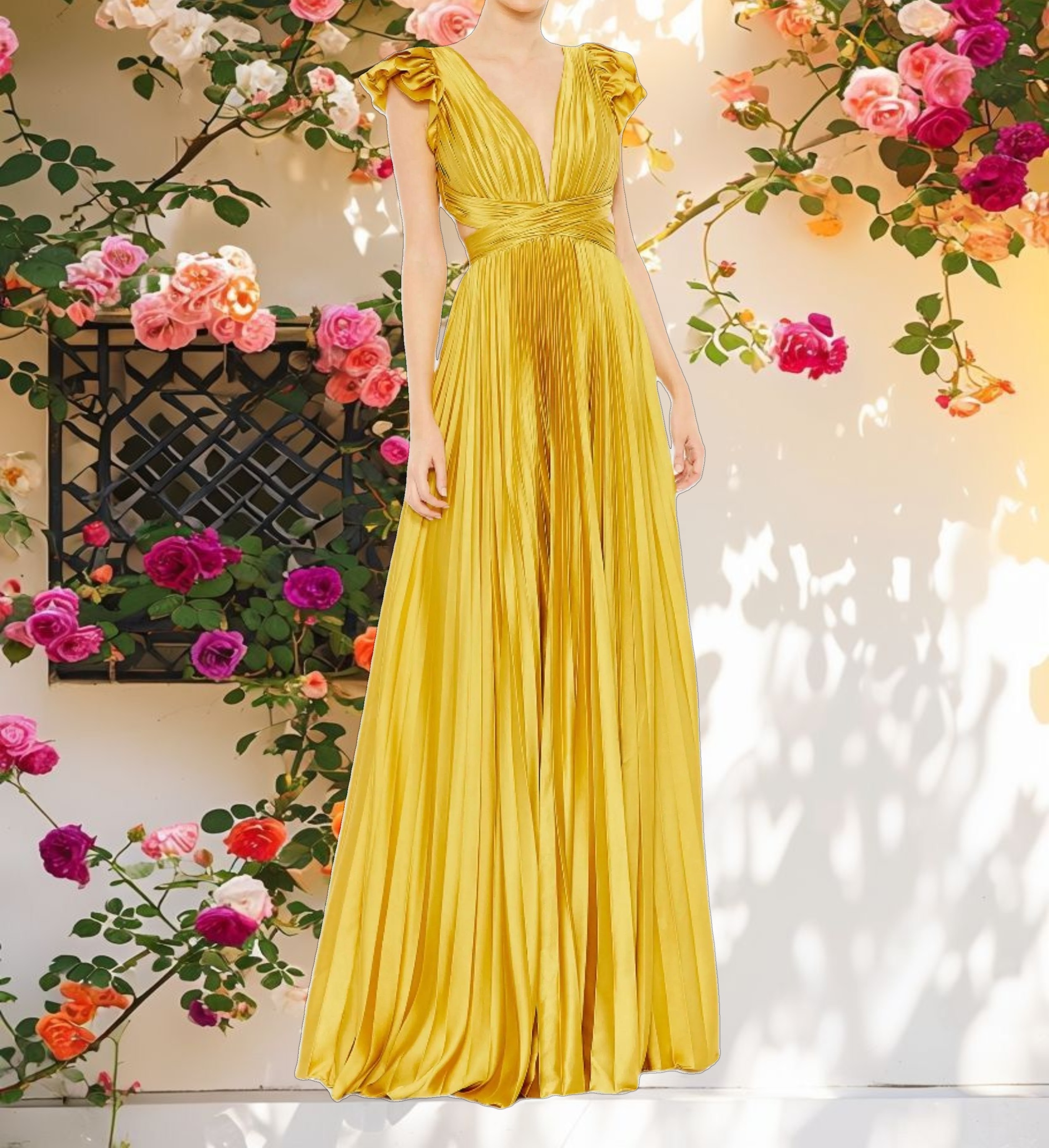 Yellow Ruffled Cap Sleeve Cut Out Lace Up Gown