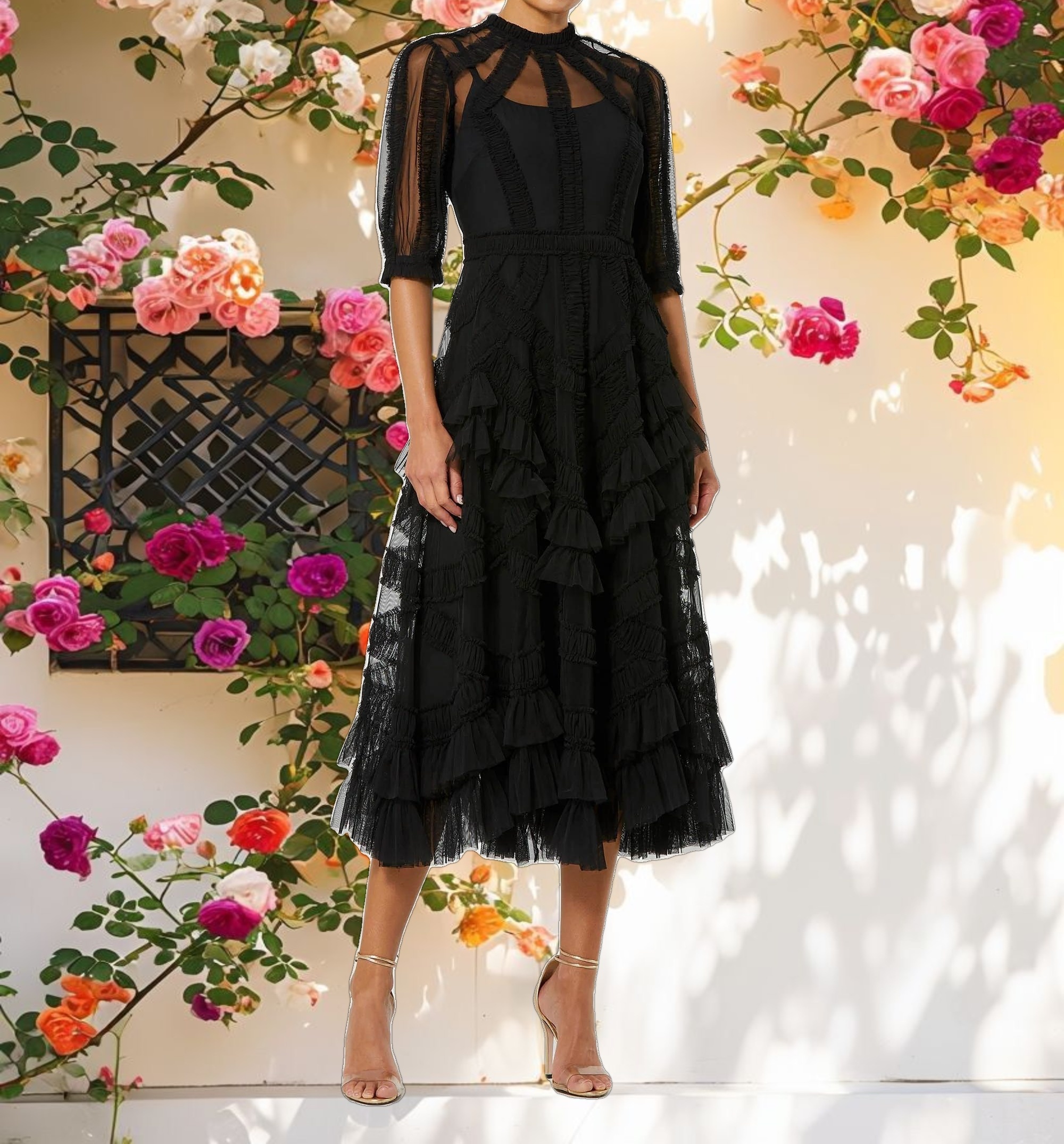 High Neck Ruffle Tiered Midi Dress