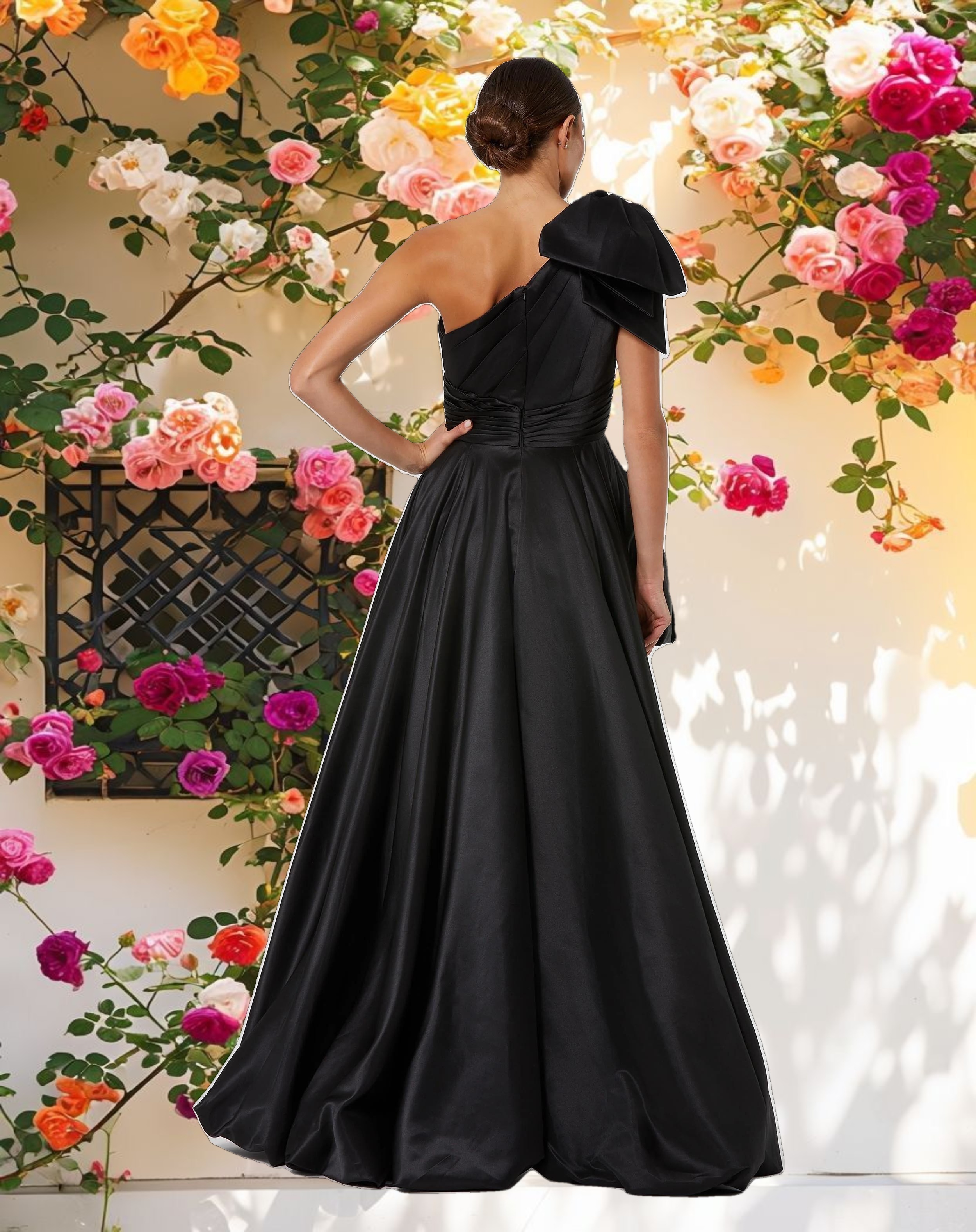 Black Satin One Shoulder Bow Gown