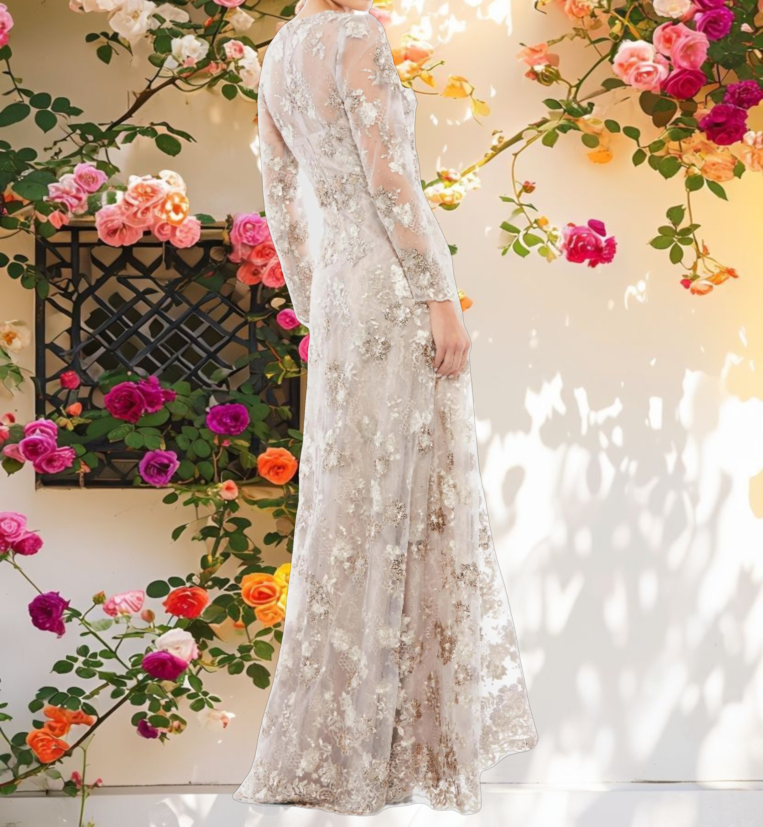 Beige Floral Embroidered Illusion Long Sleeve Evening Gown