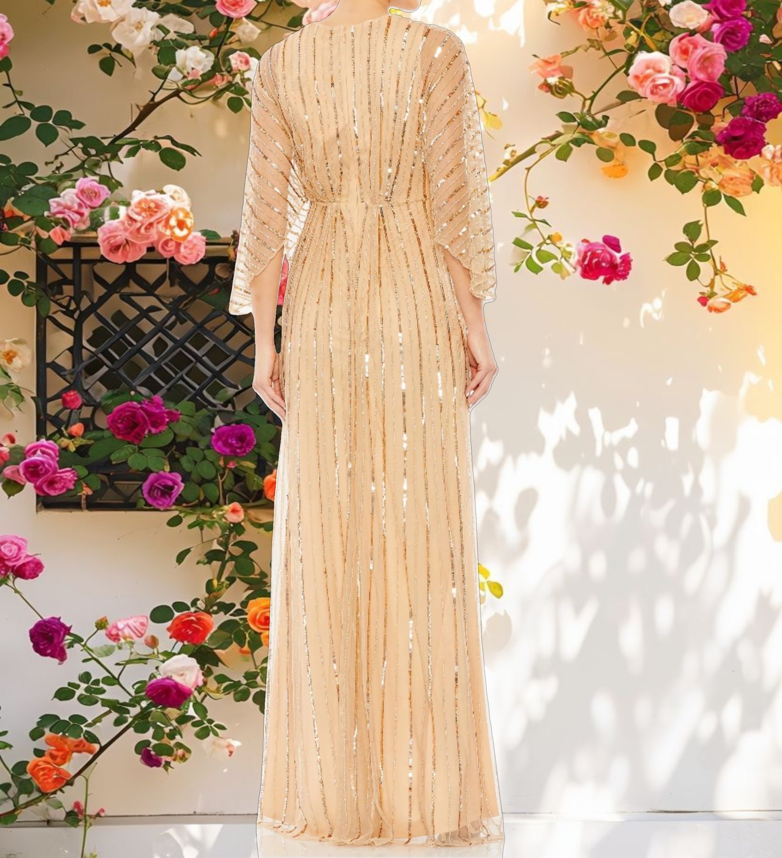 Beaded Striping Kimono Sleeve V Neck Gown