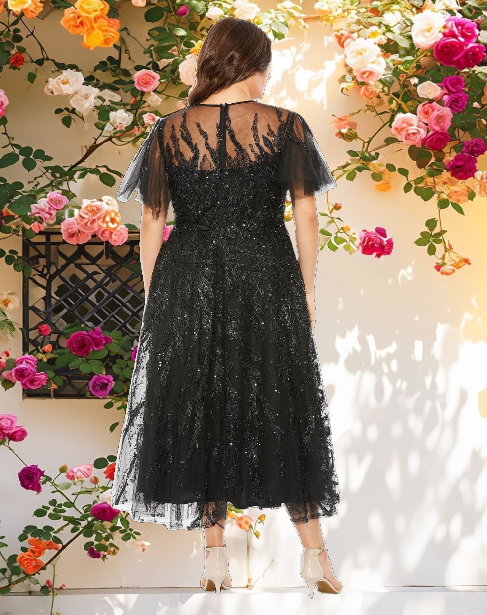 Black High Neck Flutter Sleeve A Line Embellished Dress