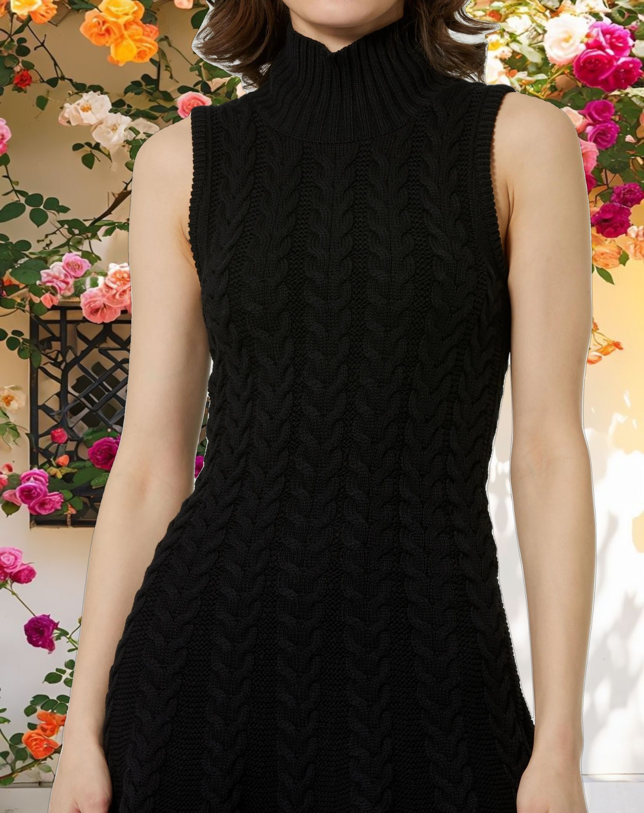 Cable Knit Turtleneck Sleeveless Mini Dress