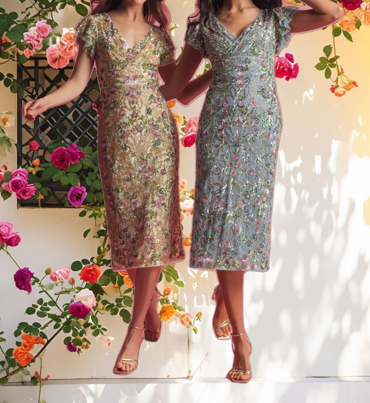 Floral Embellished Flutter Cap Sleeve Dress