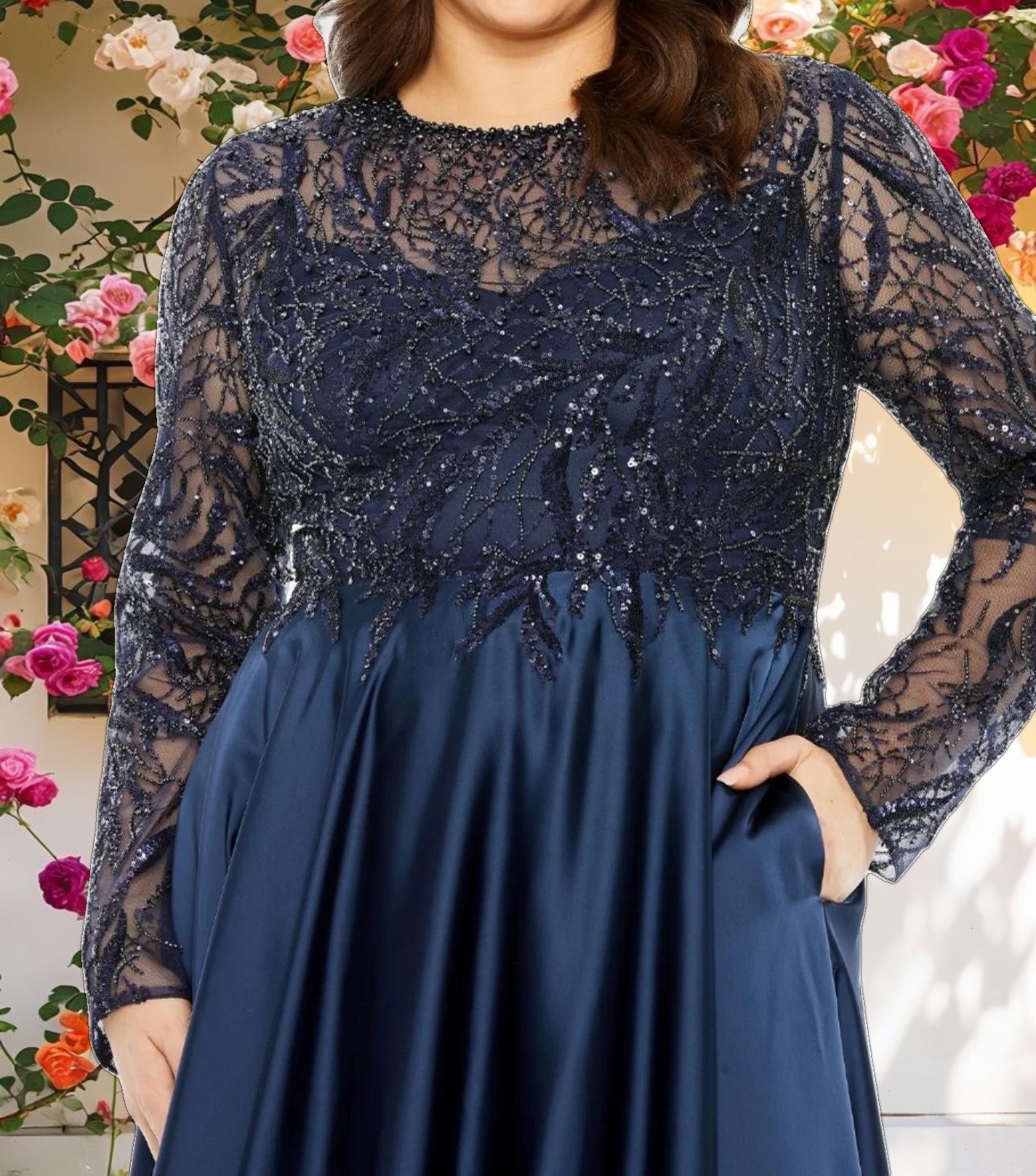 Sheer Long Sleeve Beaded Top Satin Gown