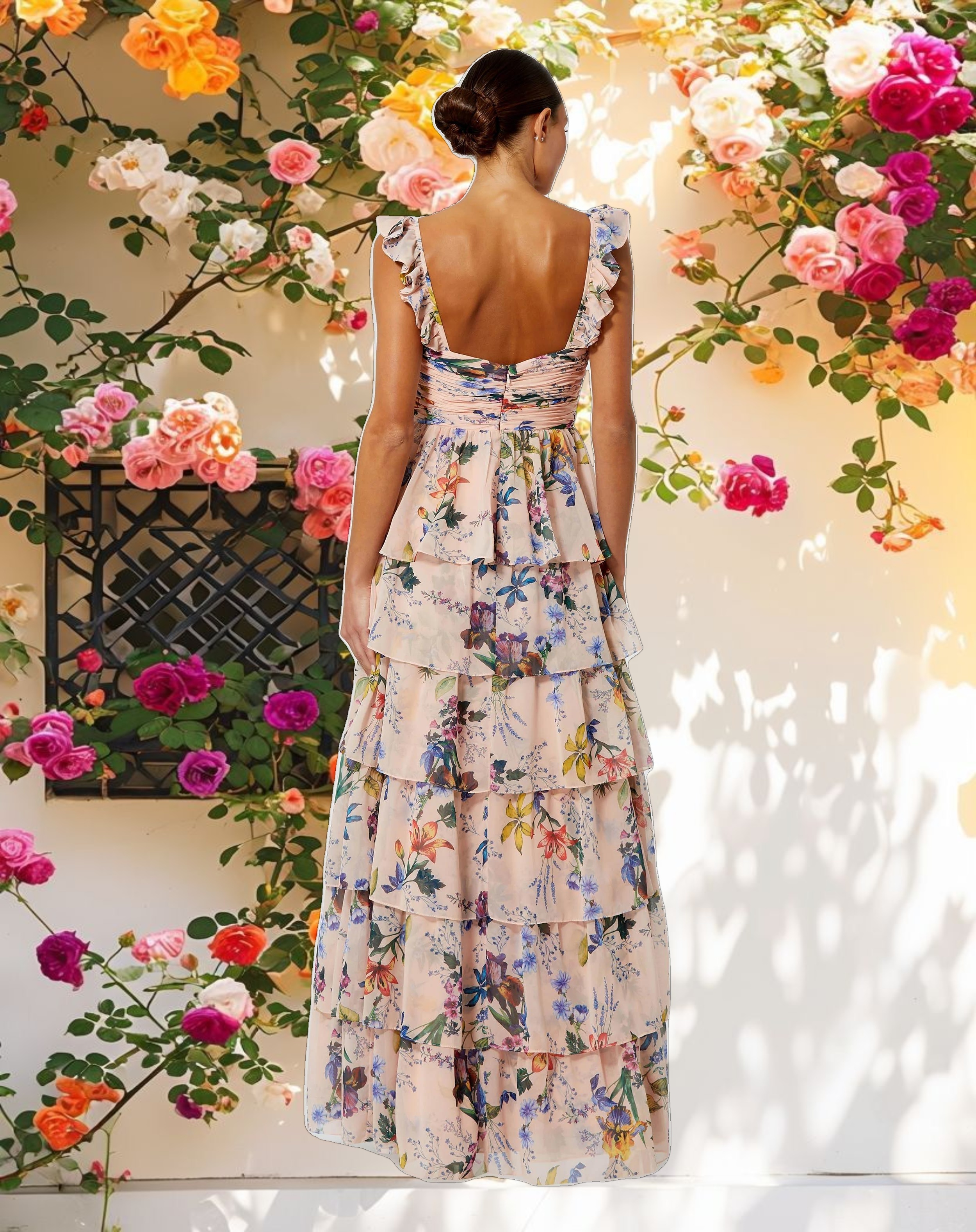 Ruffle Sleeveless Chiffon Tiered Floral Print Gown