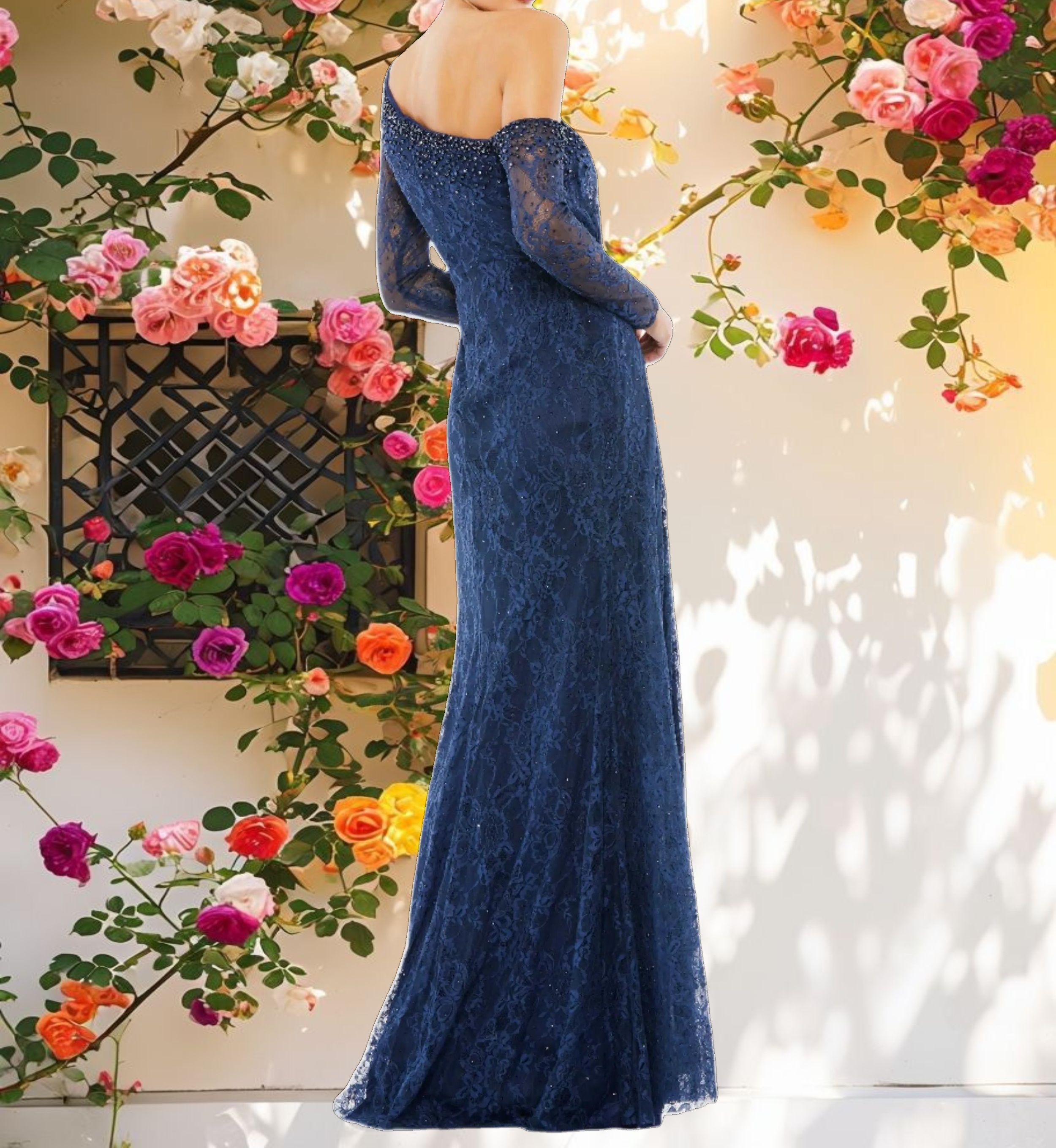 Draped Jewel Encrusted Lace Drop Shoulder Gown