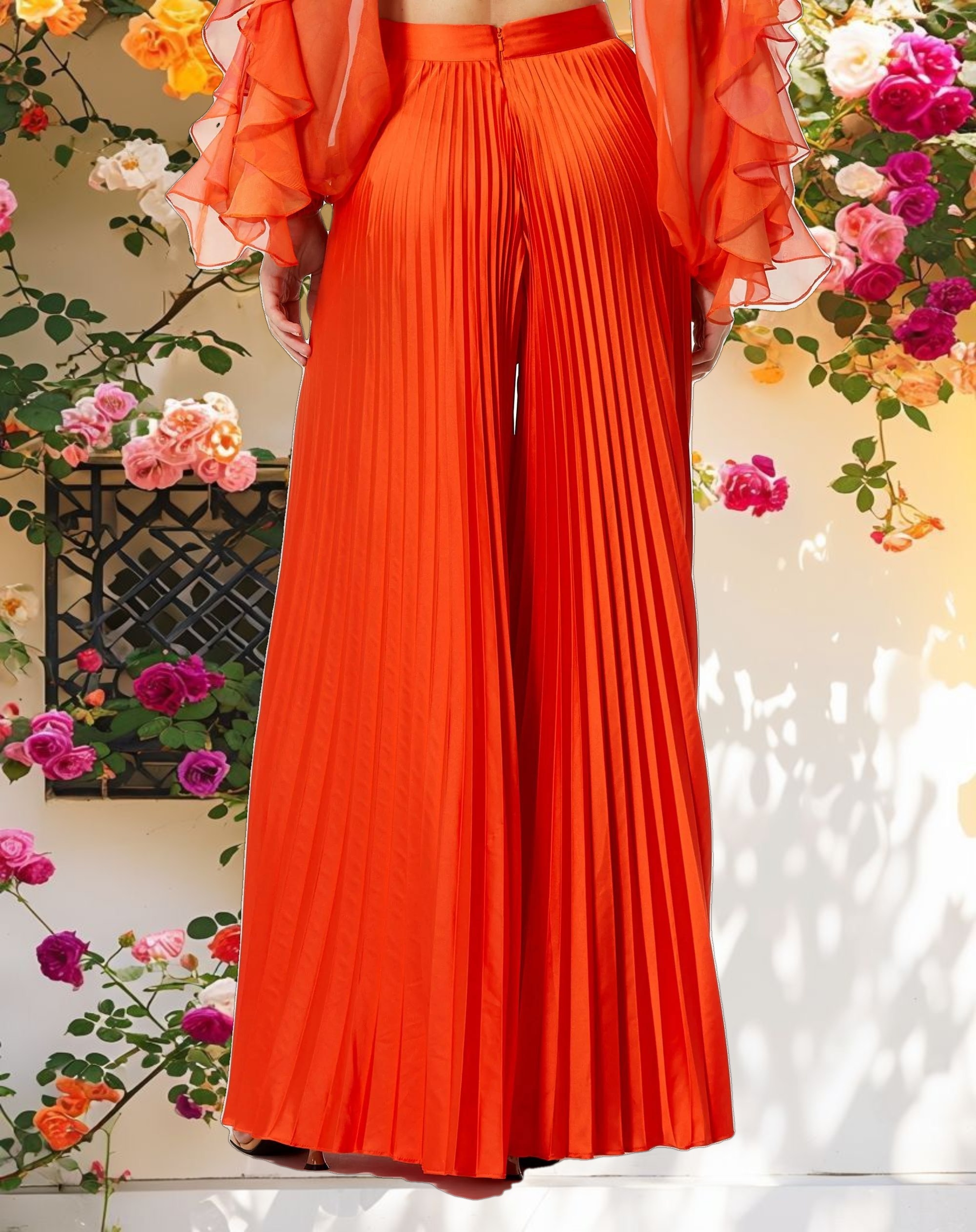 Orange Pleated Charmeuse Wide Leg Pants