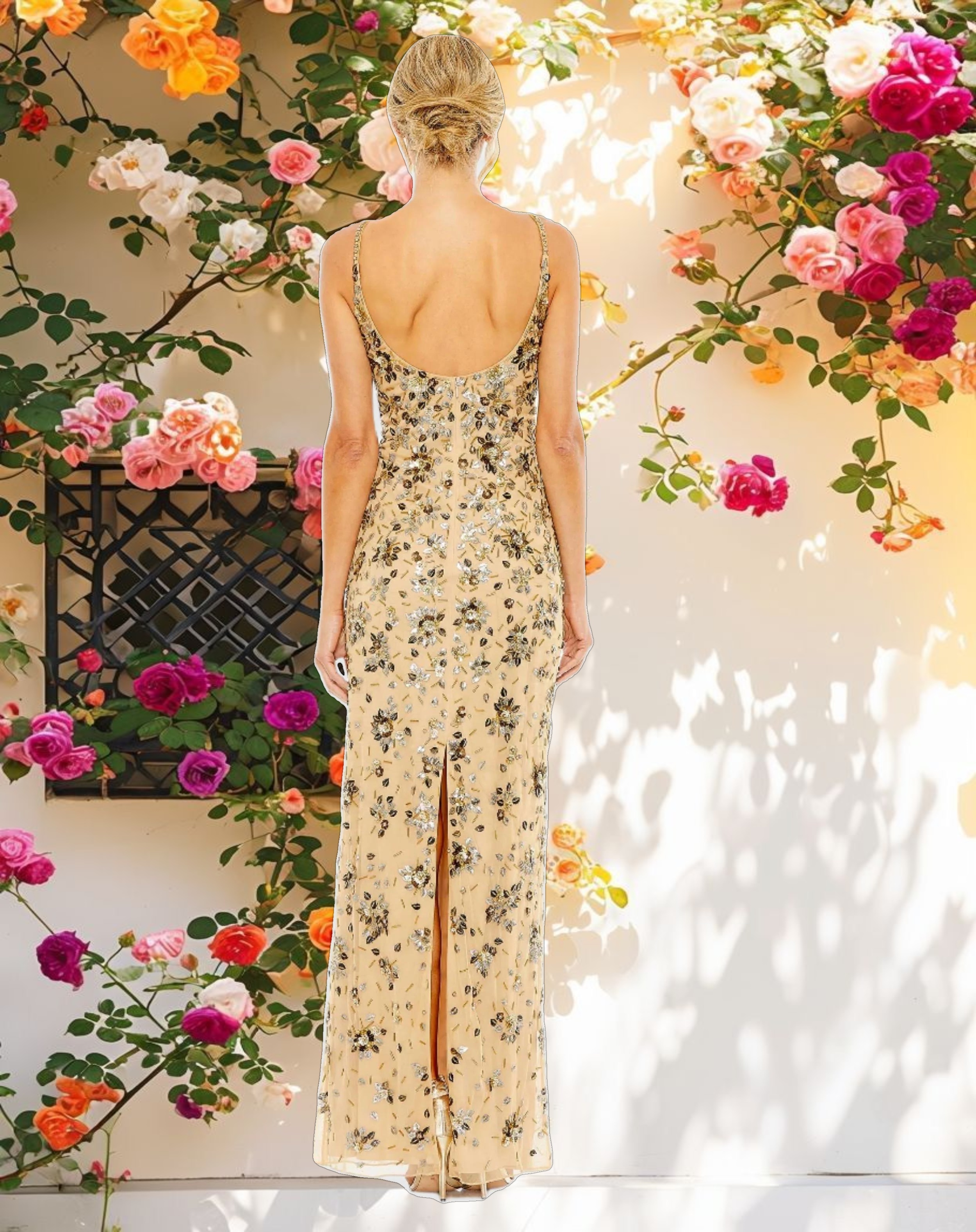 White Floral Decorated V-Neck Evening Dress