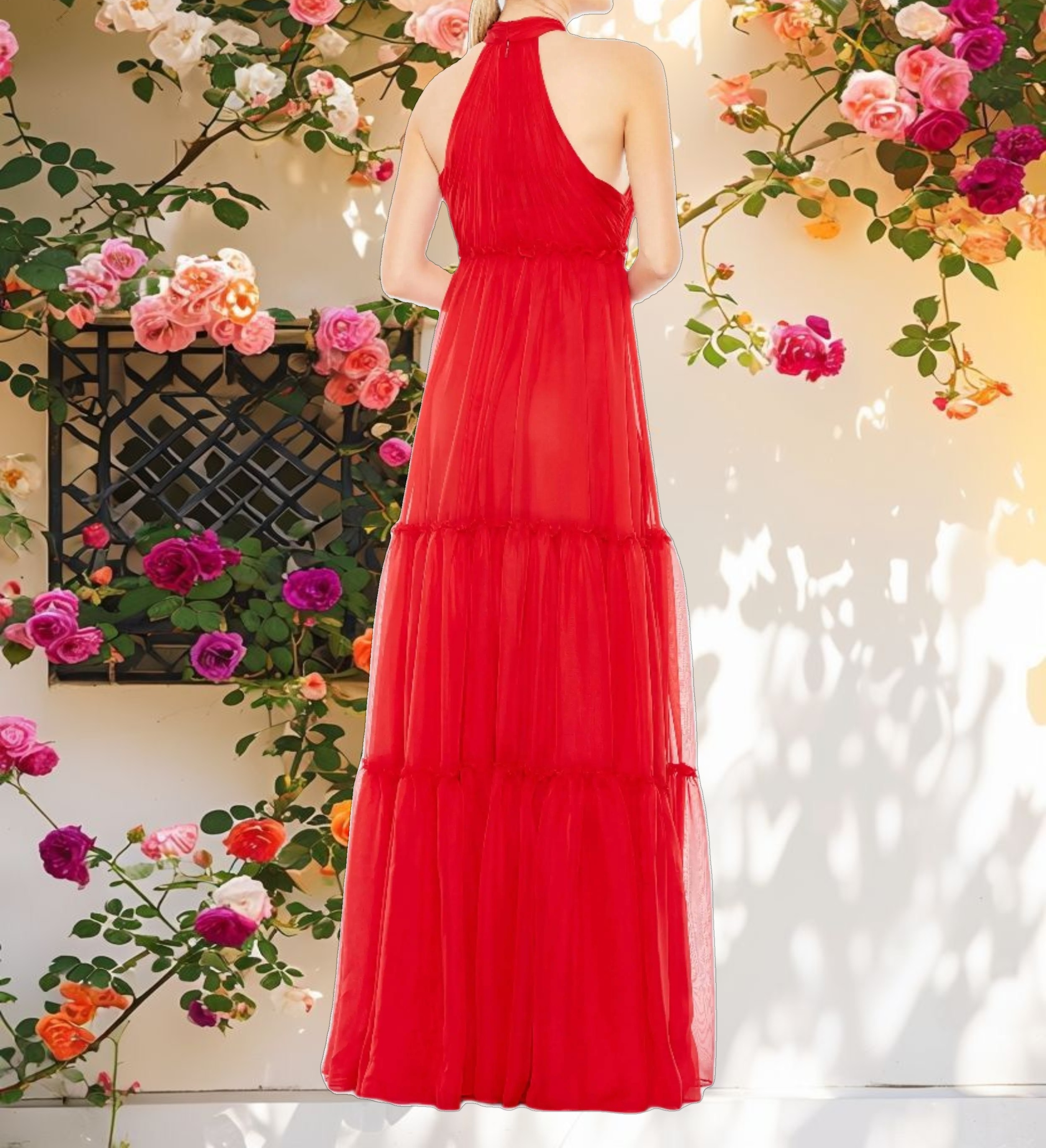 Red Ruched Tiered High Neck Bow A Line Gown