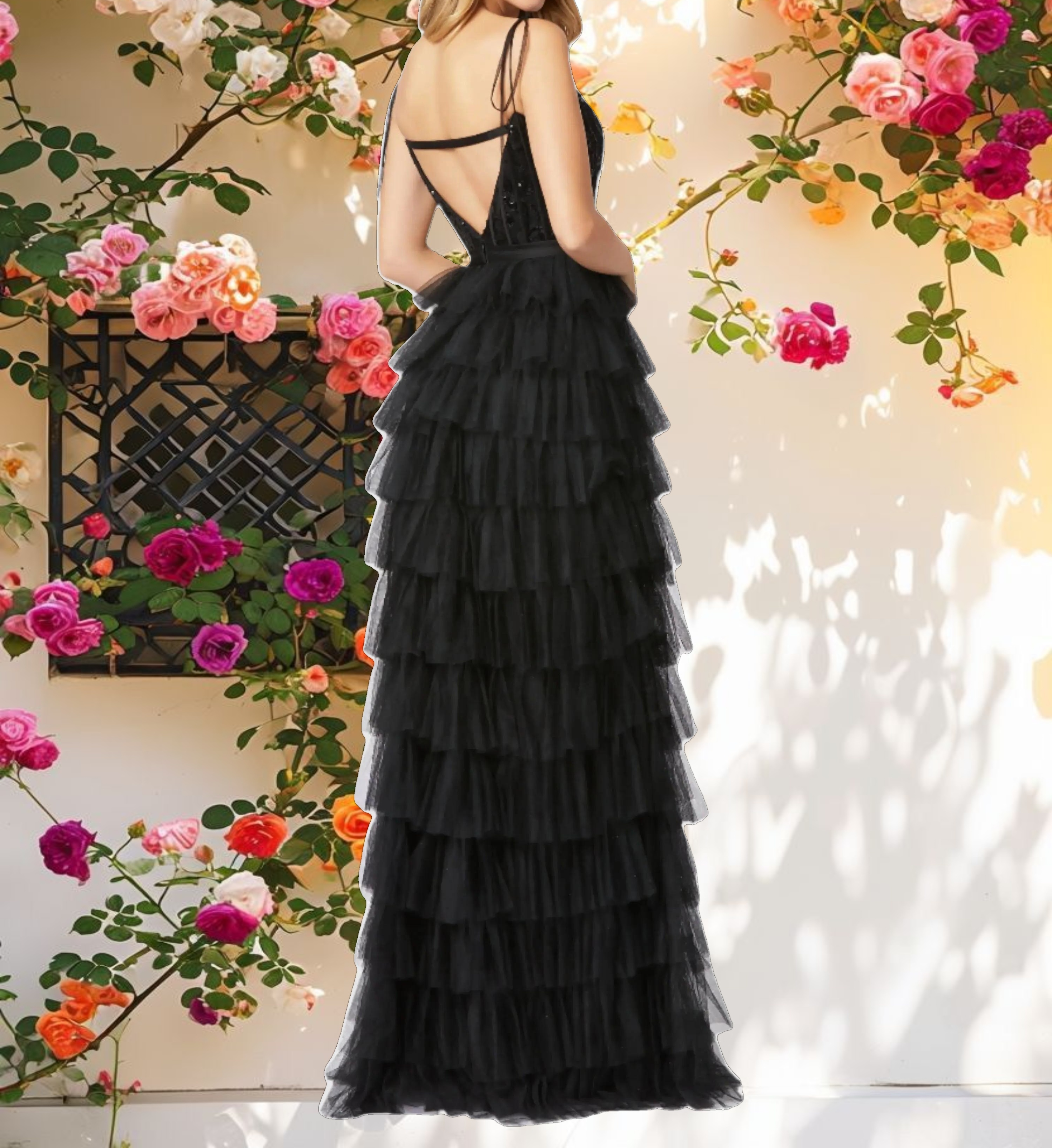 Black Sequined Bustier Tiered Ruffle Gown