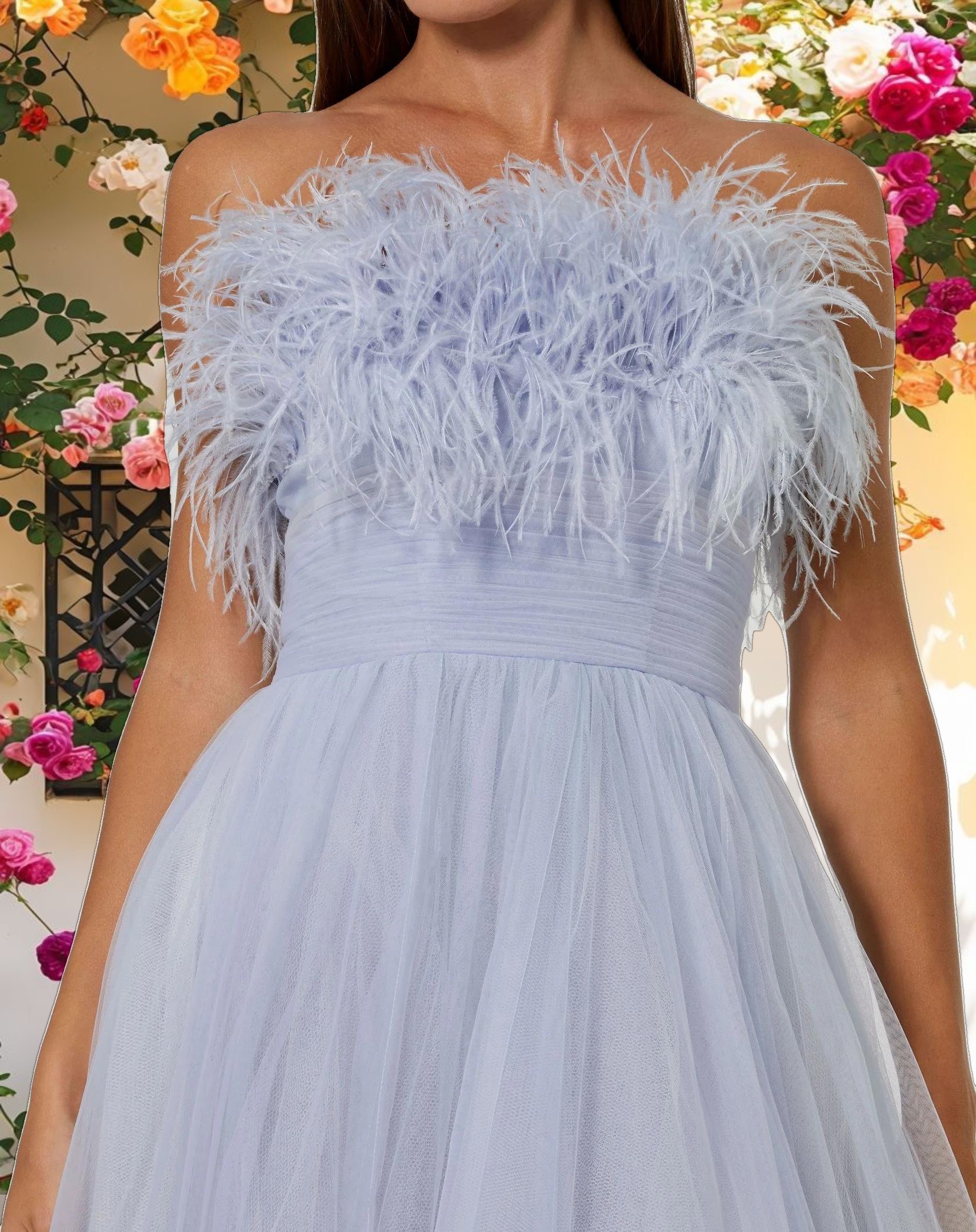 Blue Ombre Strapless Feather Bodice Tulle Gown