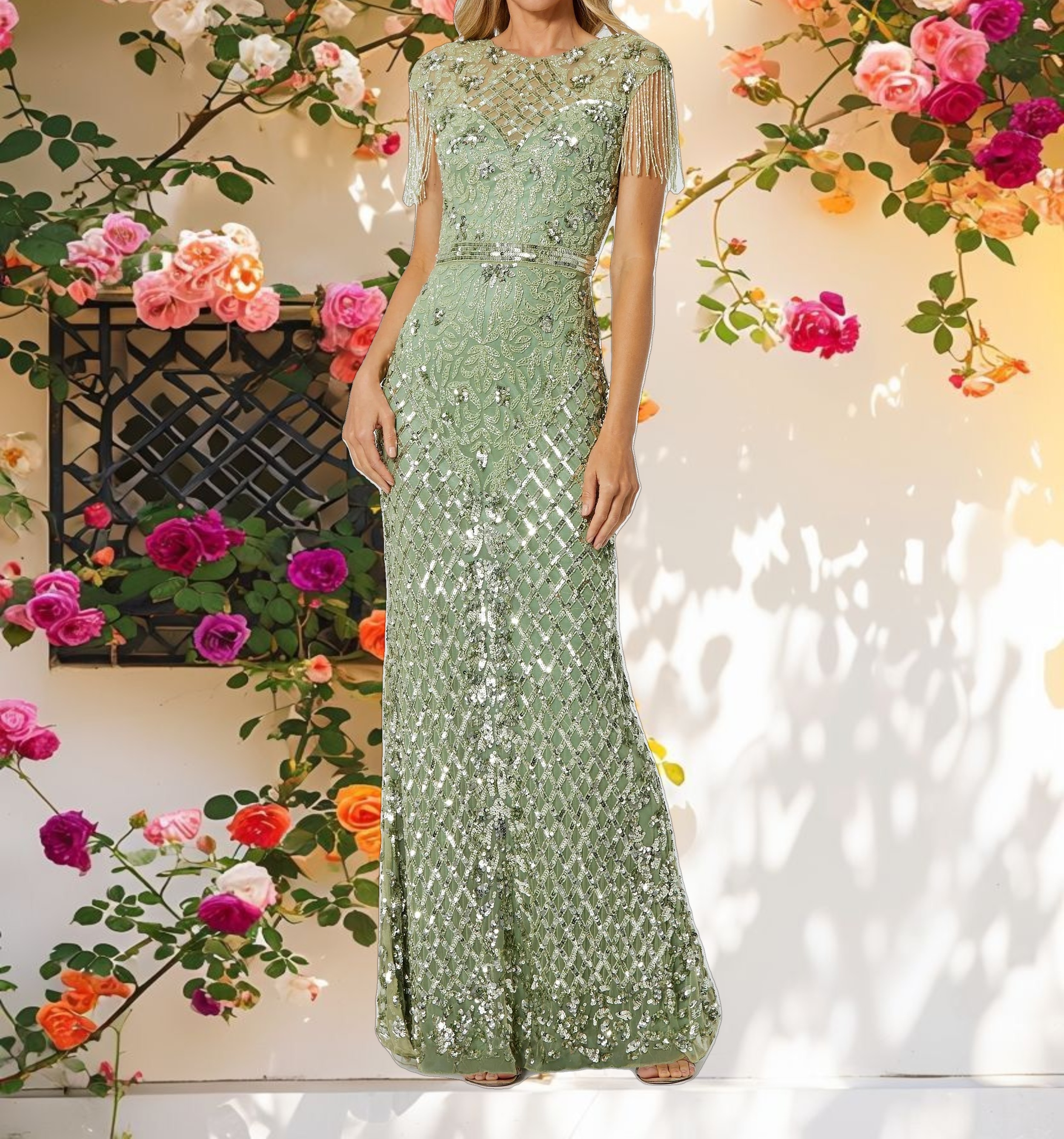 High Neck Sleeveless Beaded Fringe Fitted Gown