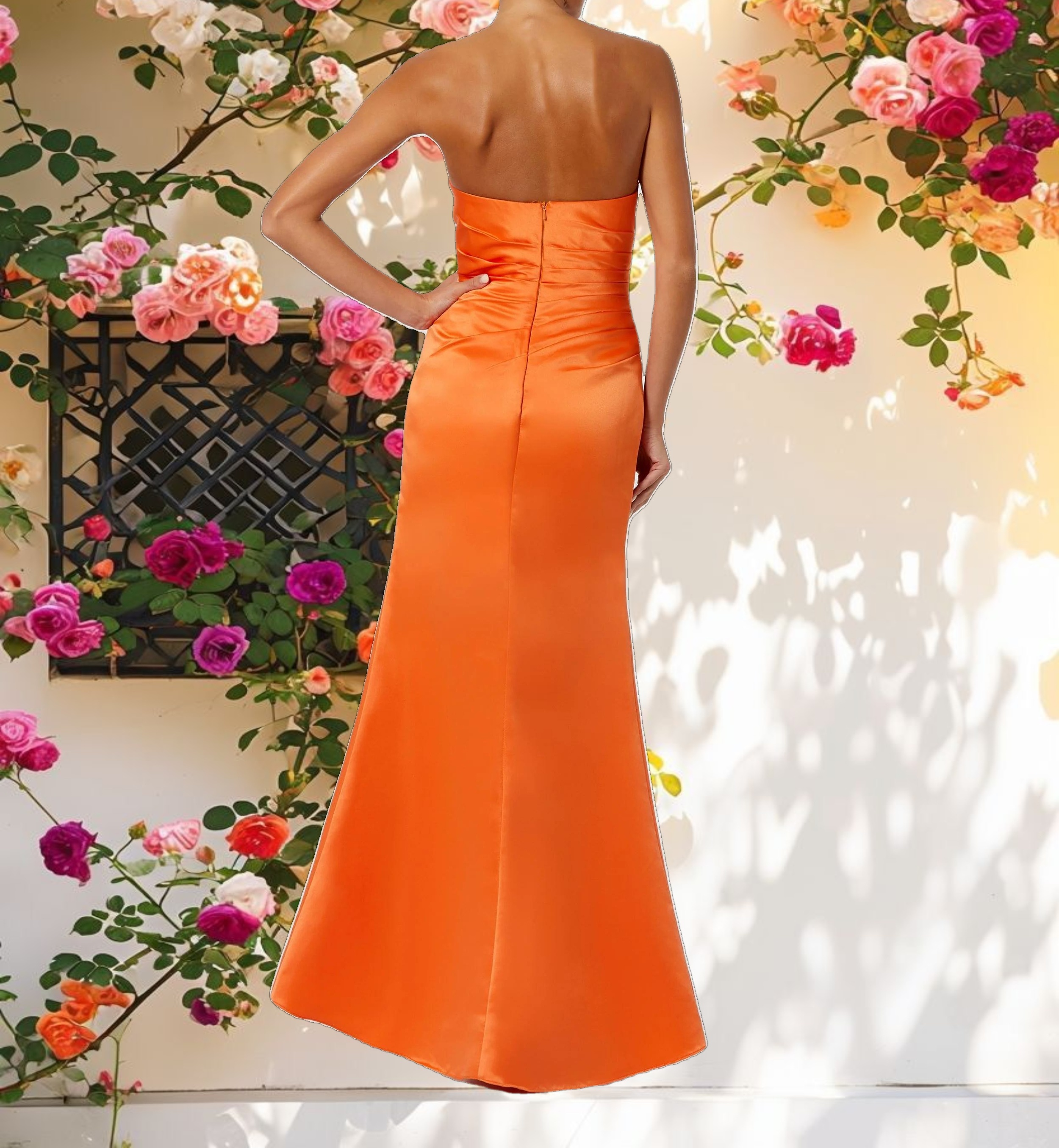 Strapless Gathered High Slit Gown