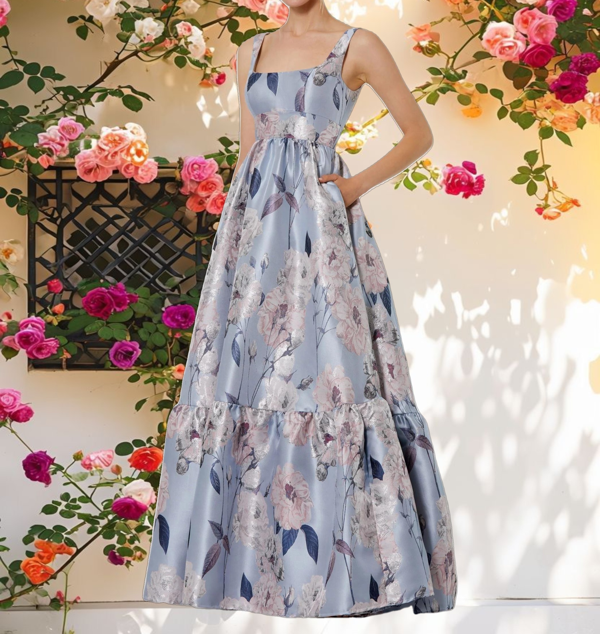 Floral Printed Satin Square Neck Gown