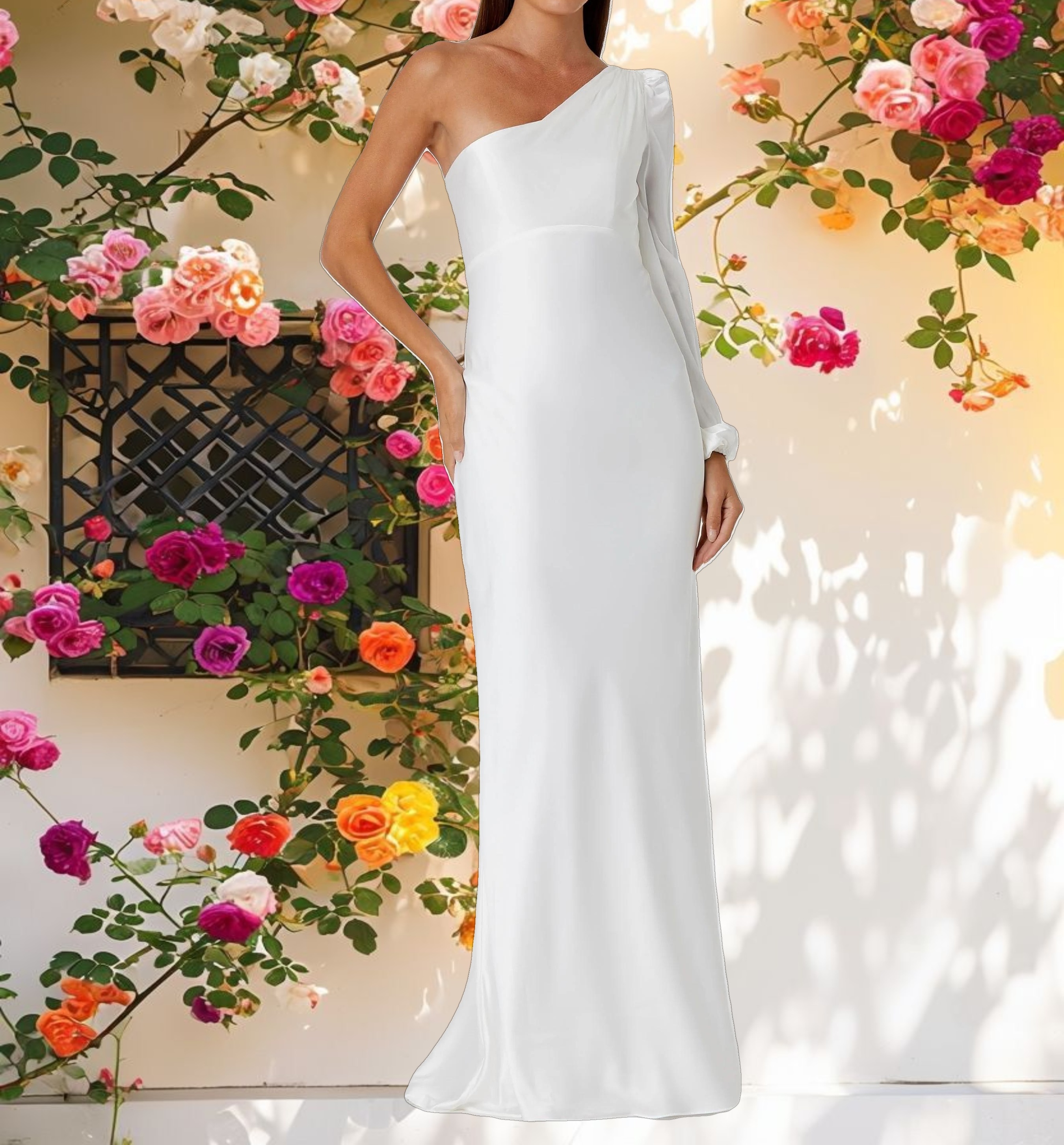 White One Shoulder Blouson Sleeve Gown