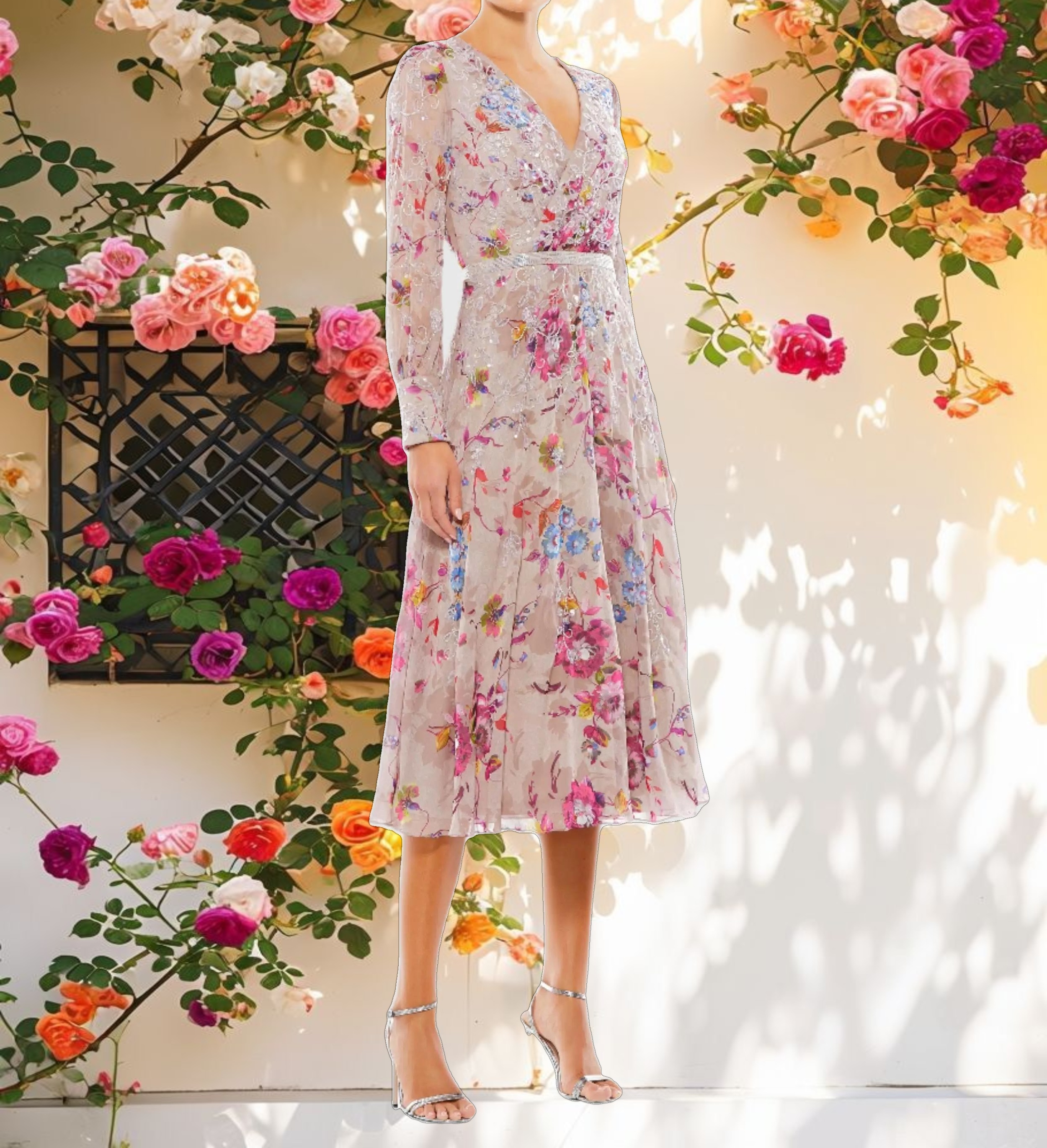 Stitched Floral Long Sleeve Midi Dress