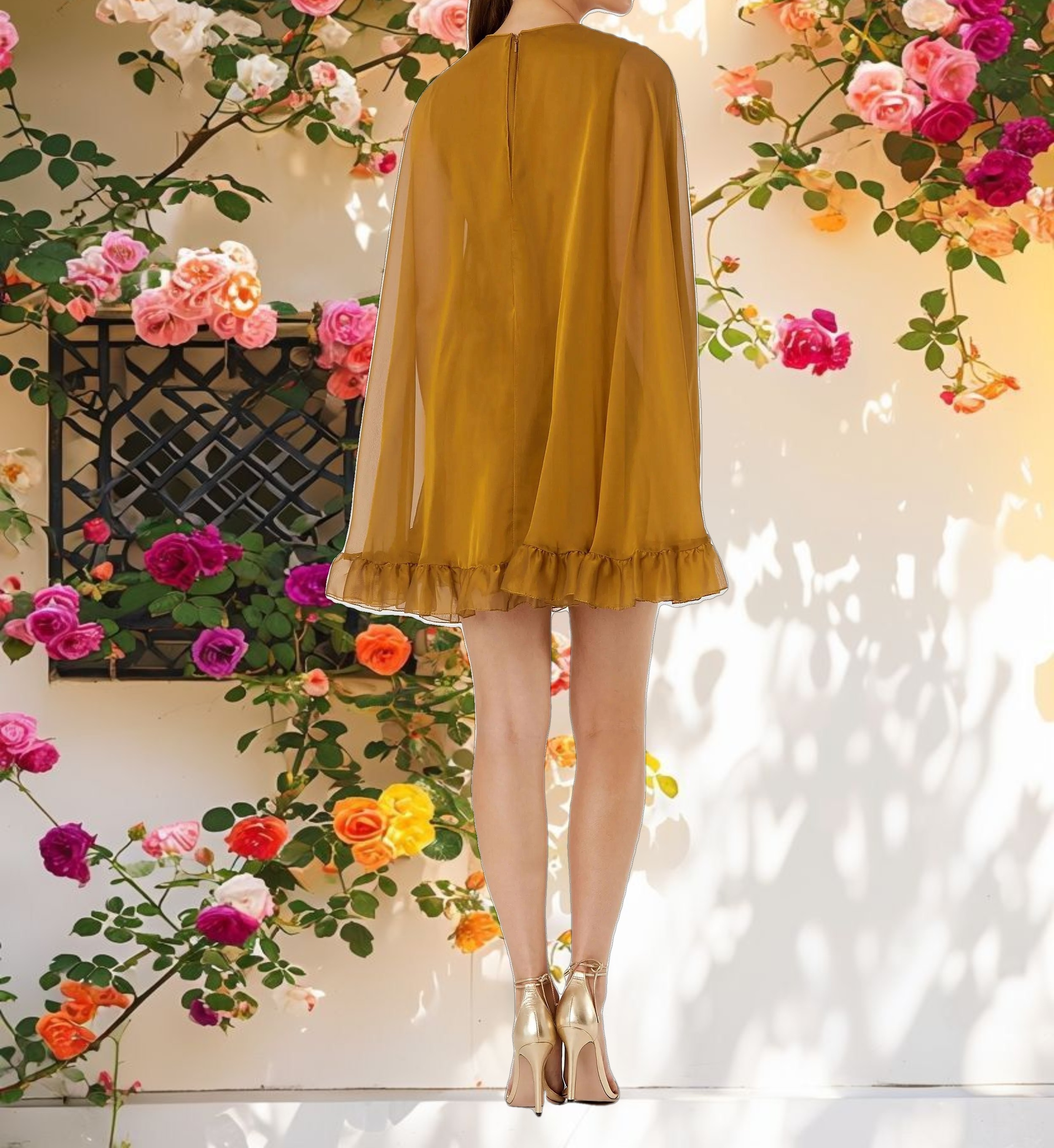 Bright Orange V-Neck Frilled Hem Coat Mini Dress