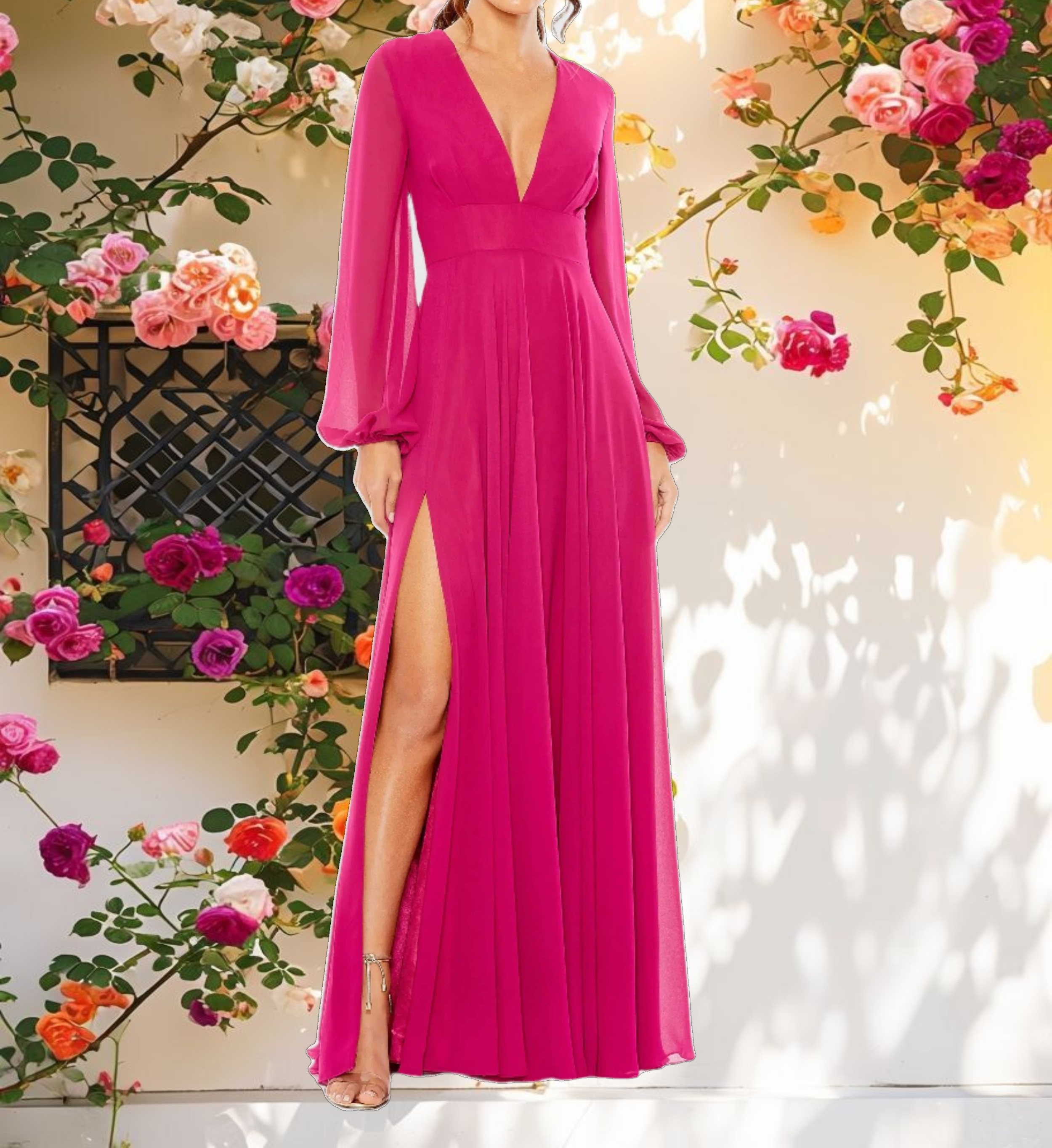 Purple V-Neck Illusion Long Sleeve Chiffon Gown