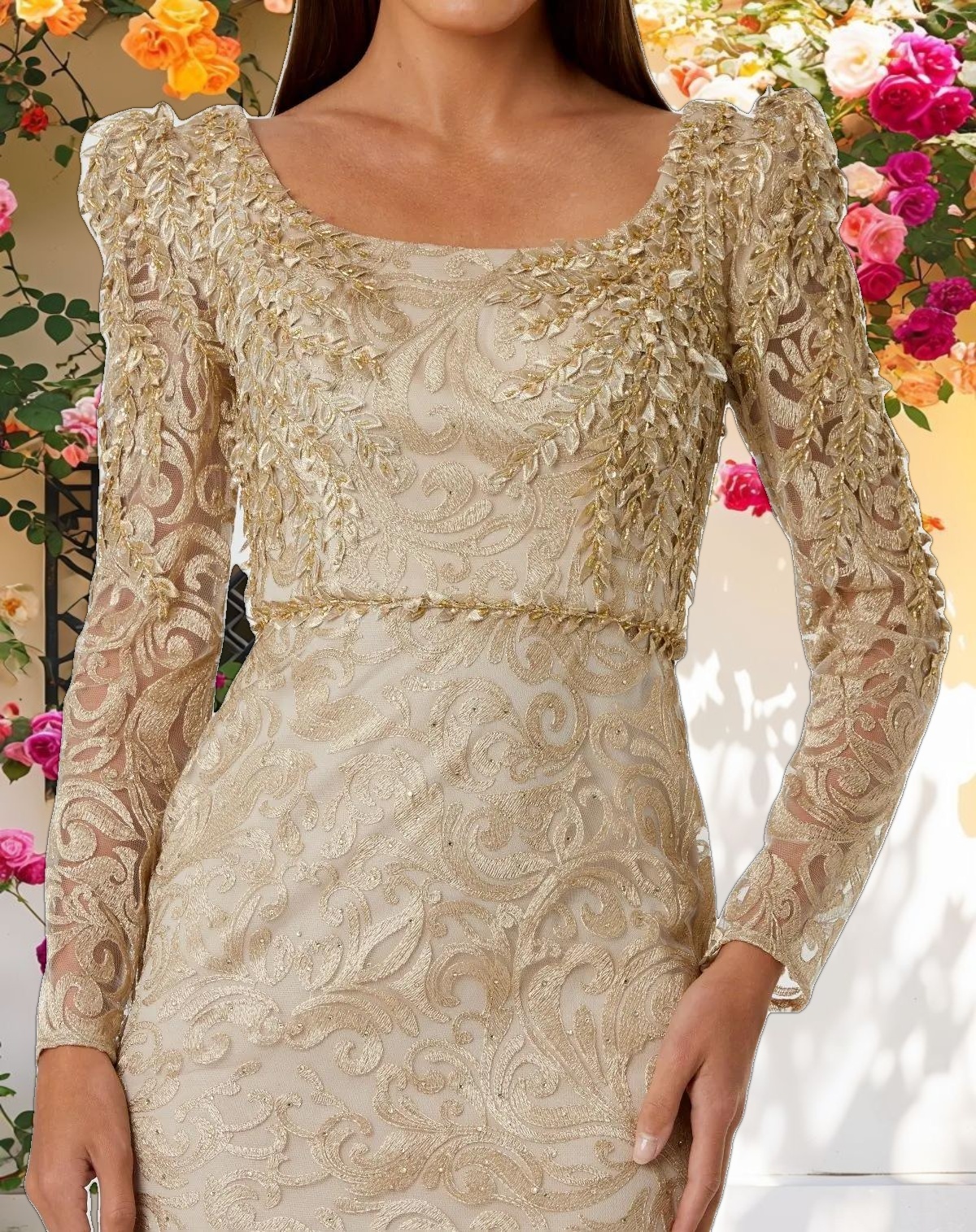 Gold Embroidered Lace Applique Shoulder Detail Trumpet Gown