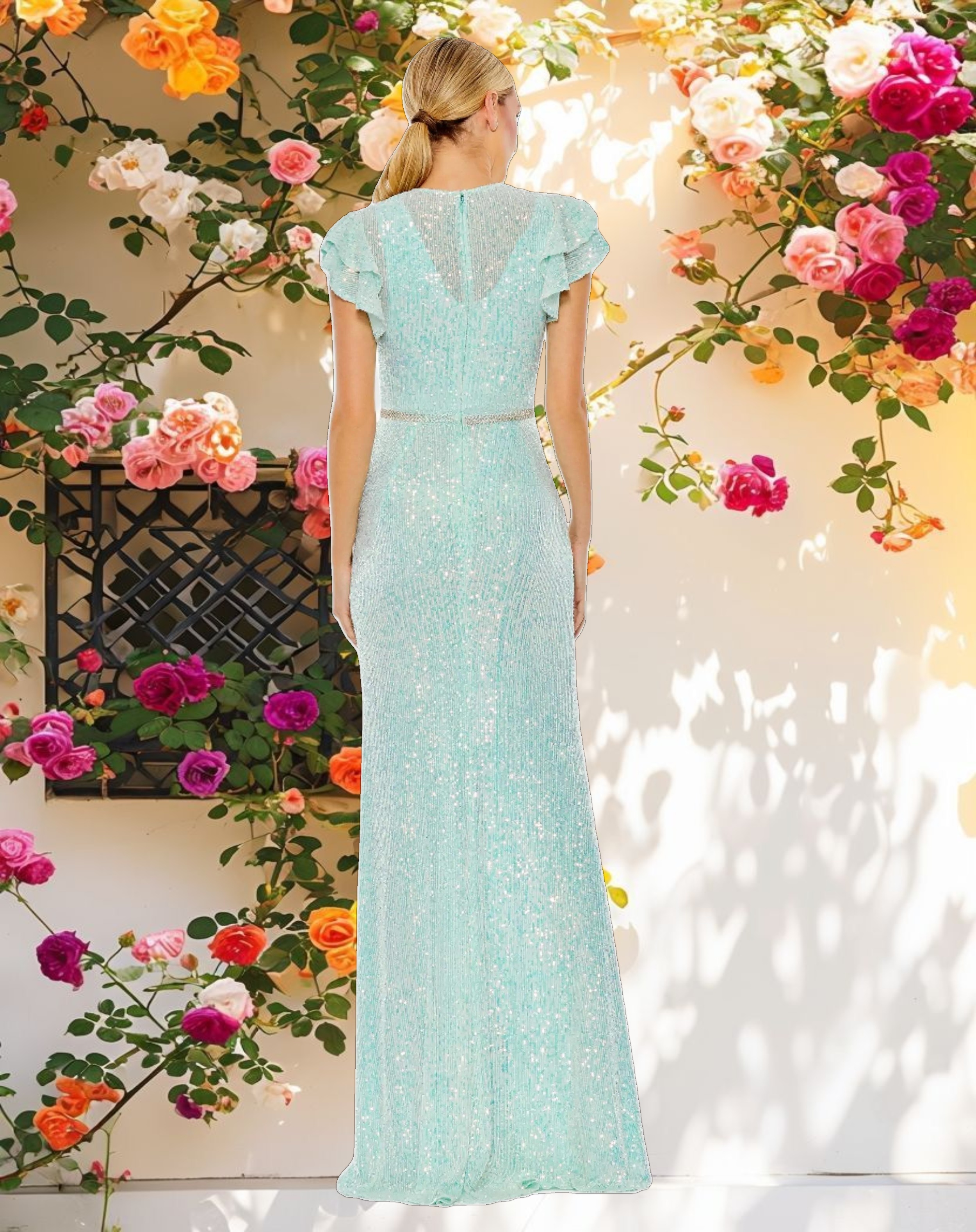 Shiny High Neck Flowy Sleeve Mermaid Gown