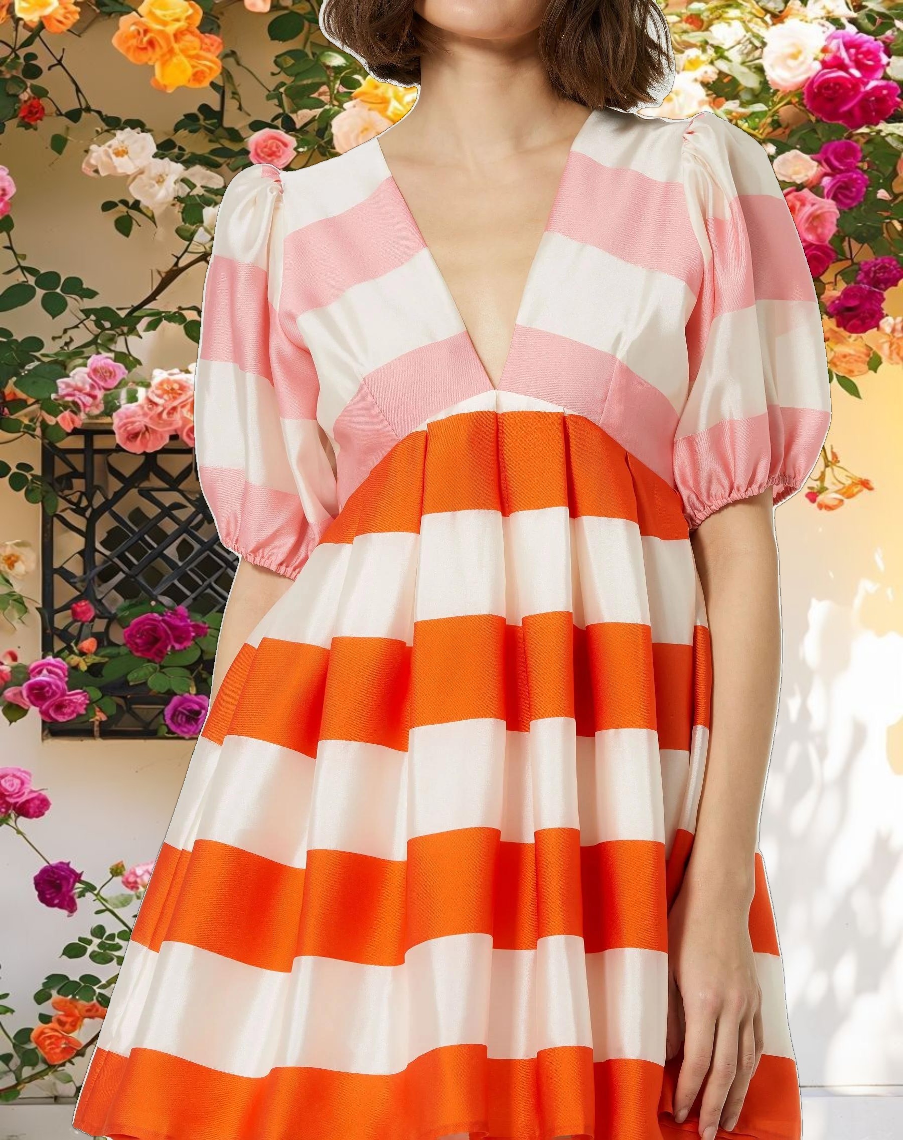 Silk Striped Balloon Sleeve Mini Dress