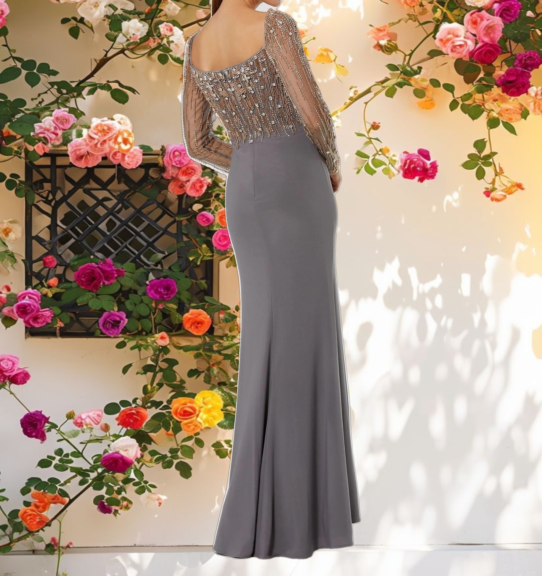 Gray Beaded Square Neck Long Sleeve Jersey Gown