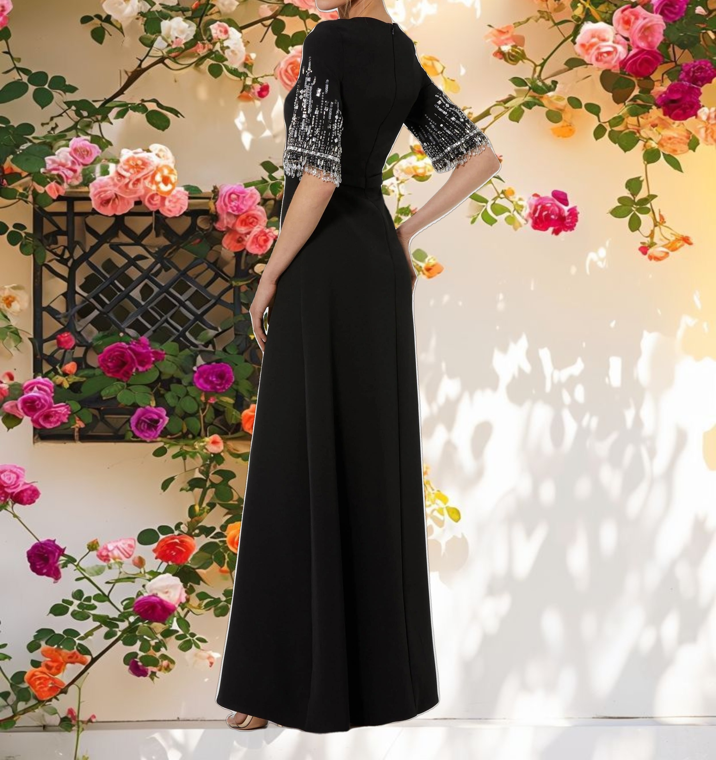 Black Crepe A Line Gown With Beaded 3/4 Sleeves