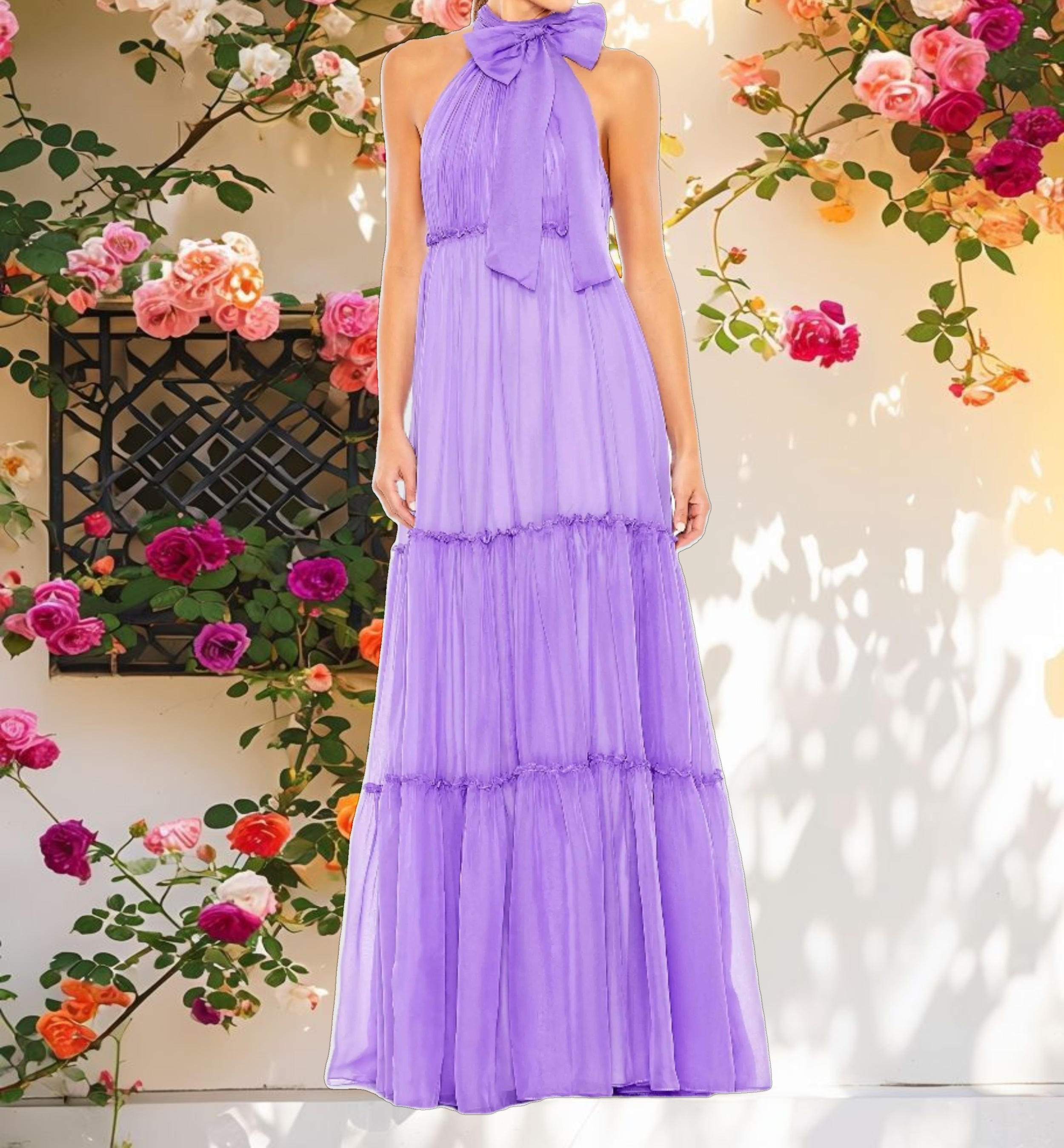 Purple Ruched Tiered High Neck Bow A Line Gown