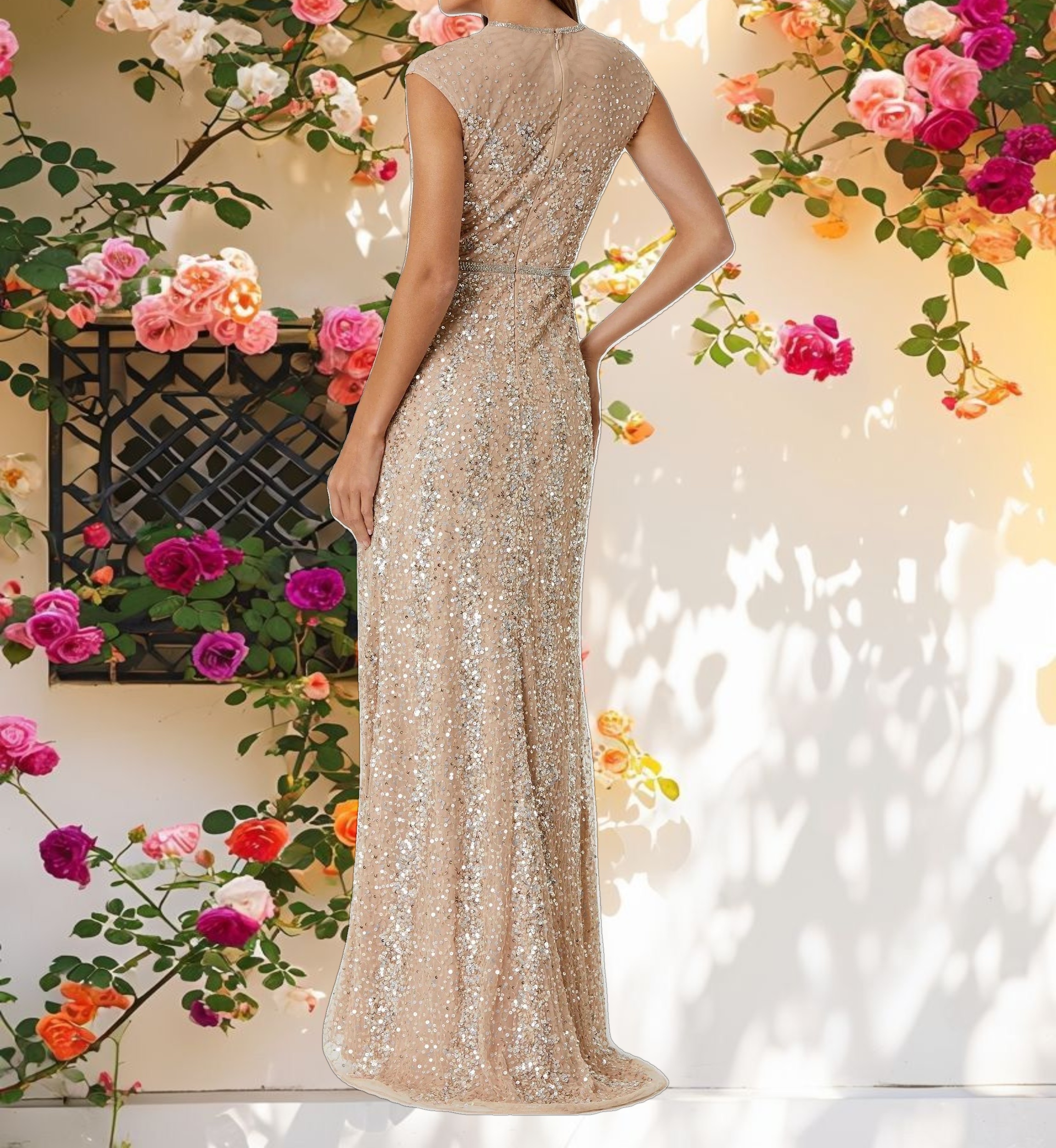 Beige Decorated High Neck Cap Sleeve Dress