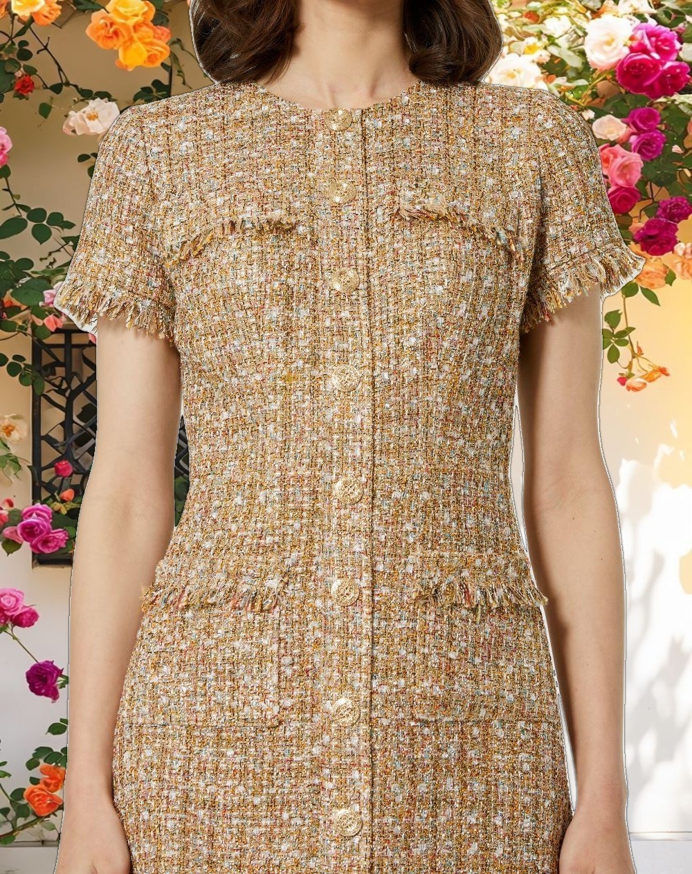 Beige Boucle Short Sleeve Mini Dress With Pockets