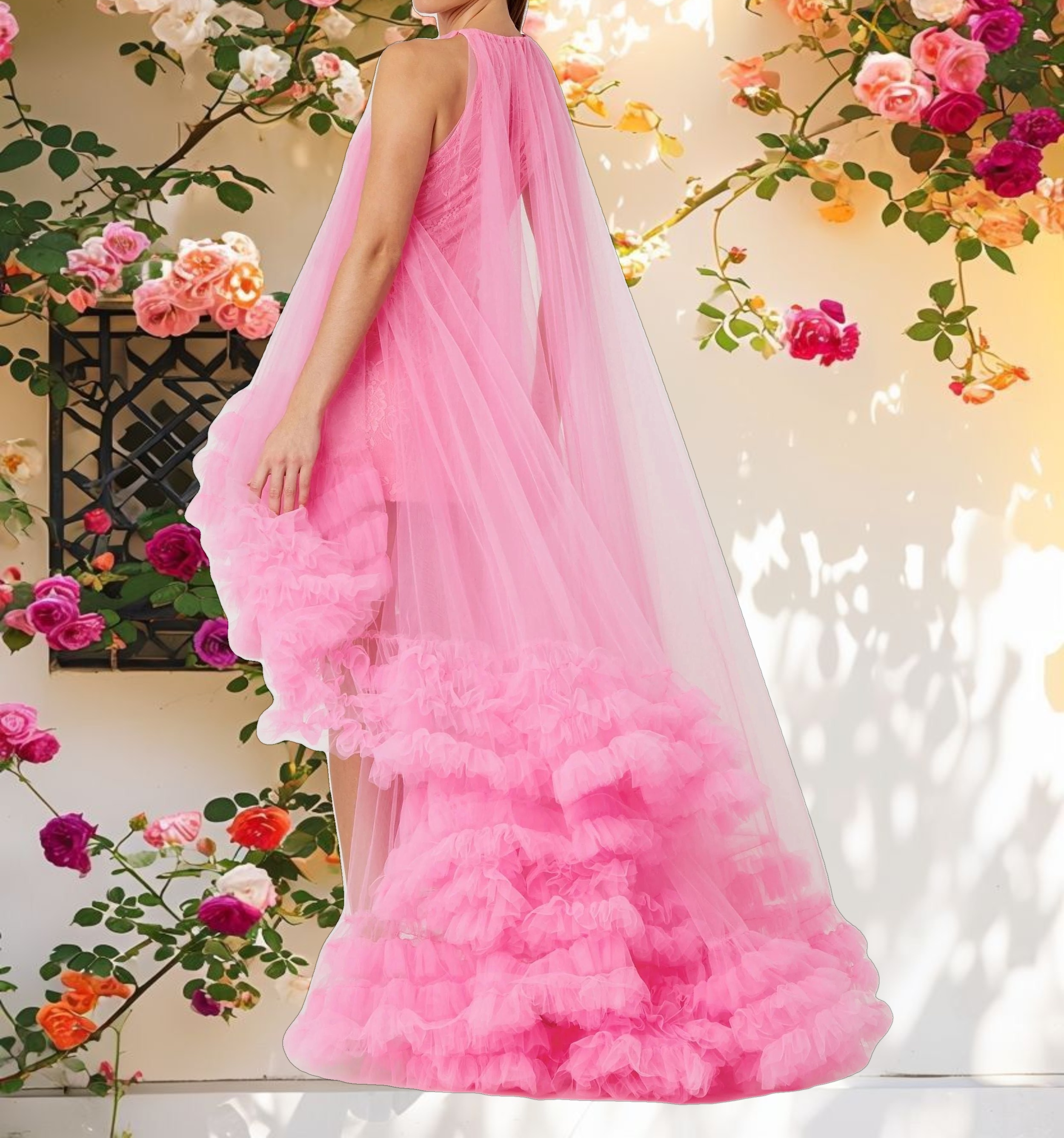 Pink Tulle High Neck Sleeveless Ruffled Hem Hi Low Gown