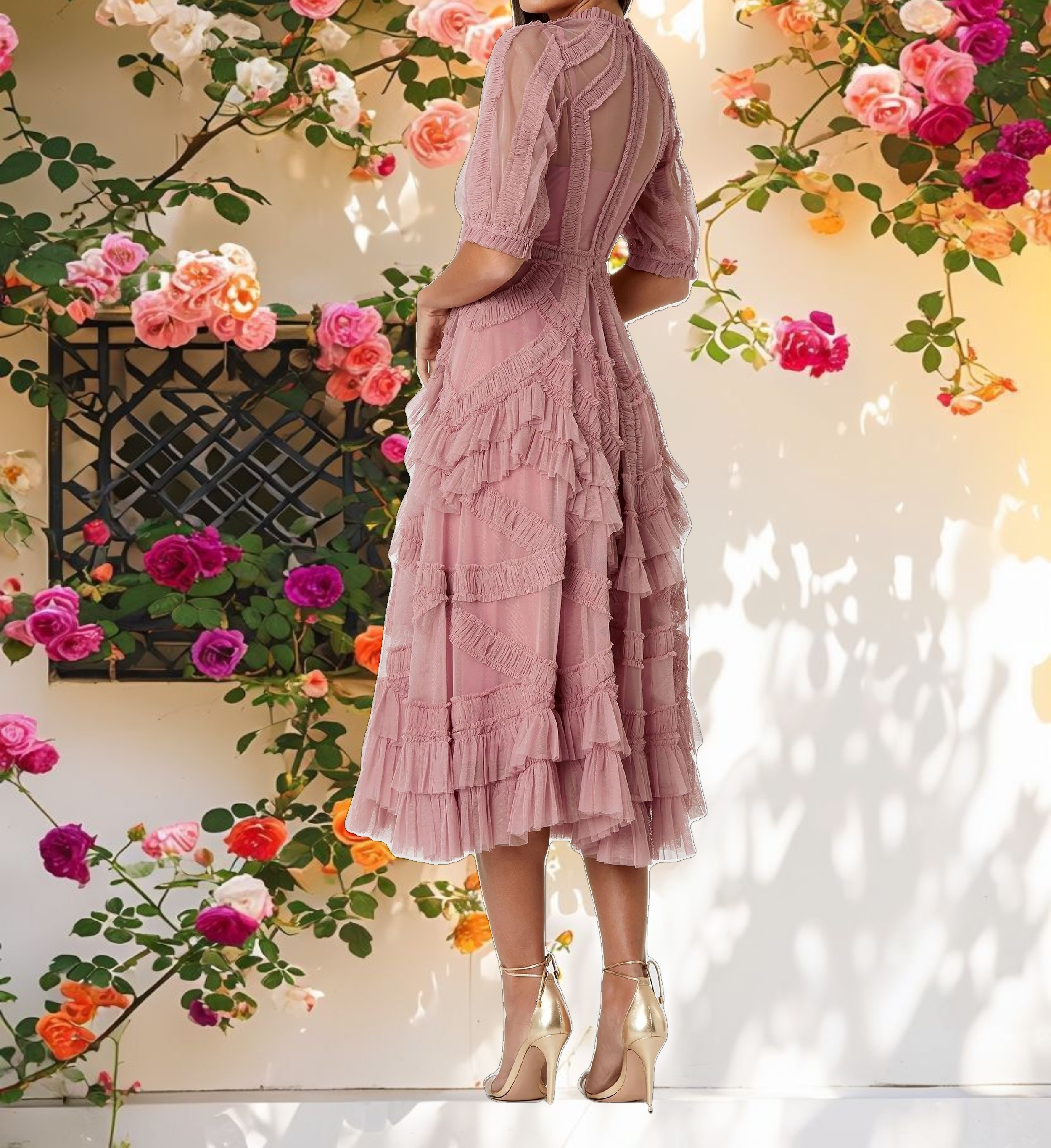 Pink High Neck Micro Ruffle Tiered Midi Dress