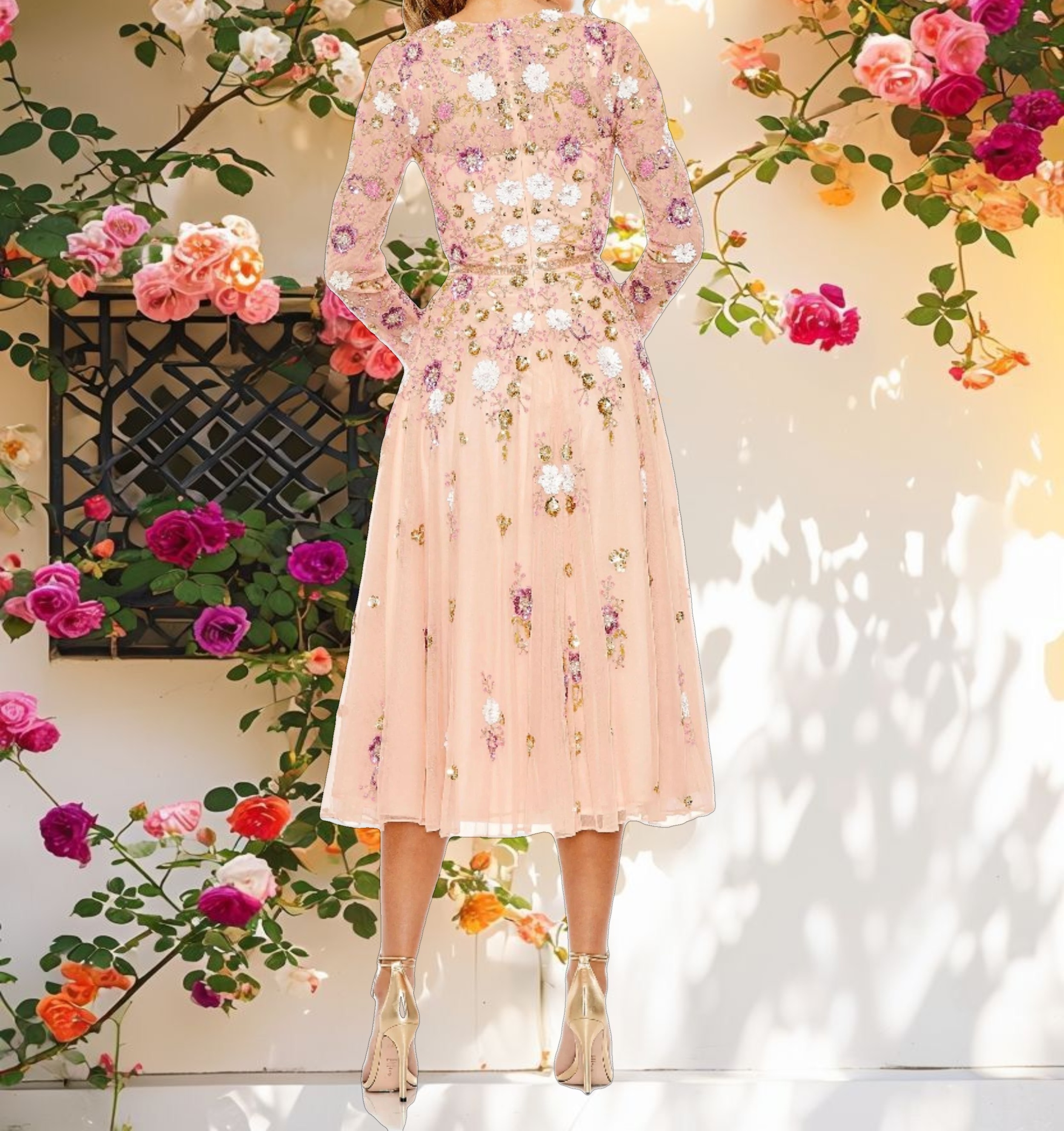 Shimmering Floral Long Sleeve High Neck Midi Dress