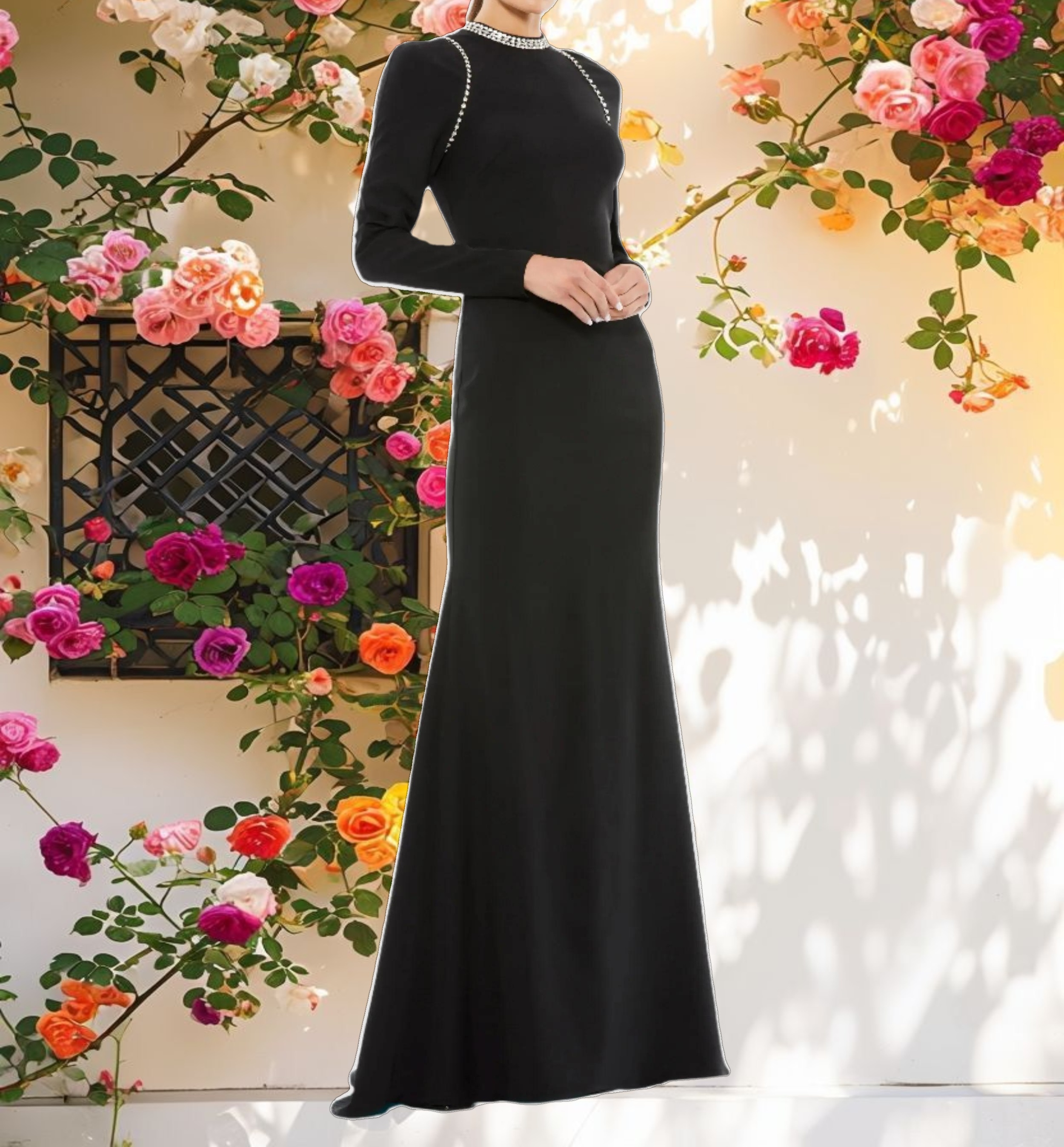 Black Raglan Long Sleeve High Neck Gown