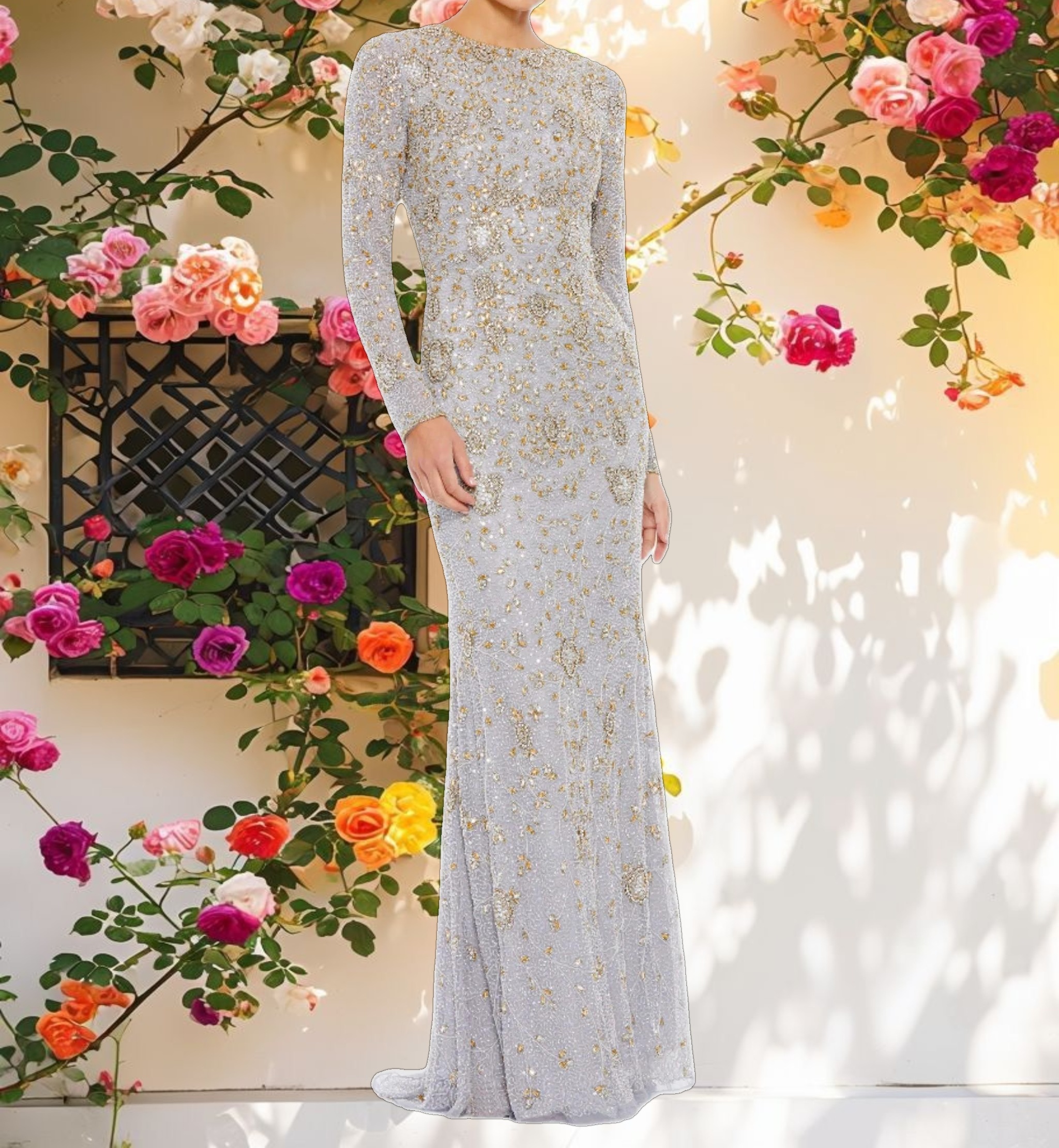 Two Tone Beaded High Neck Long Sleeve Gown