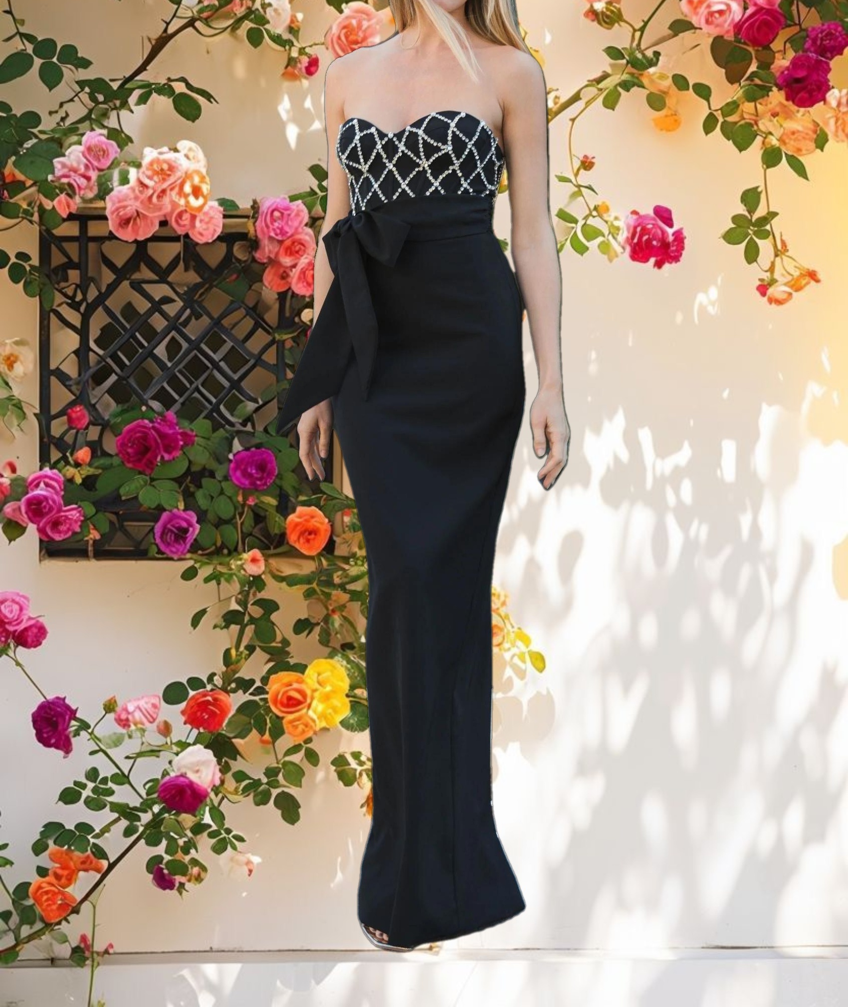 Black Embellished Strapless Bustier With Bow Crepe Gown